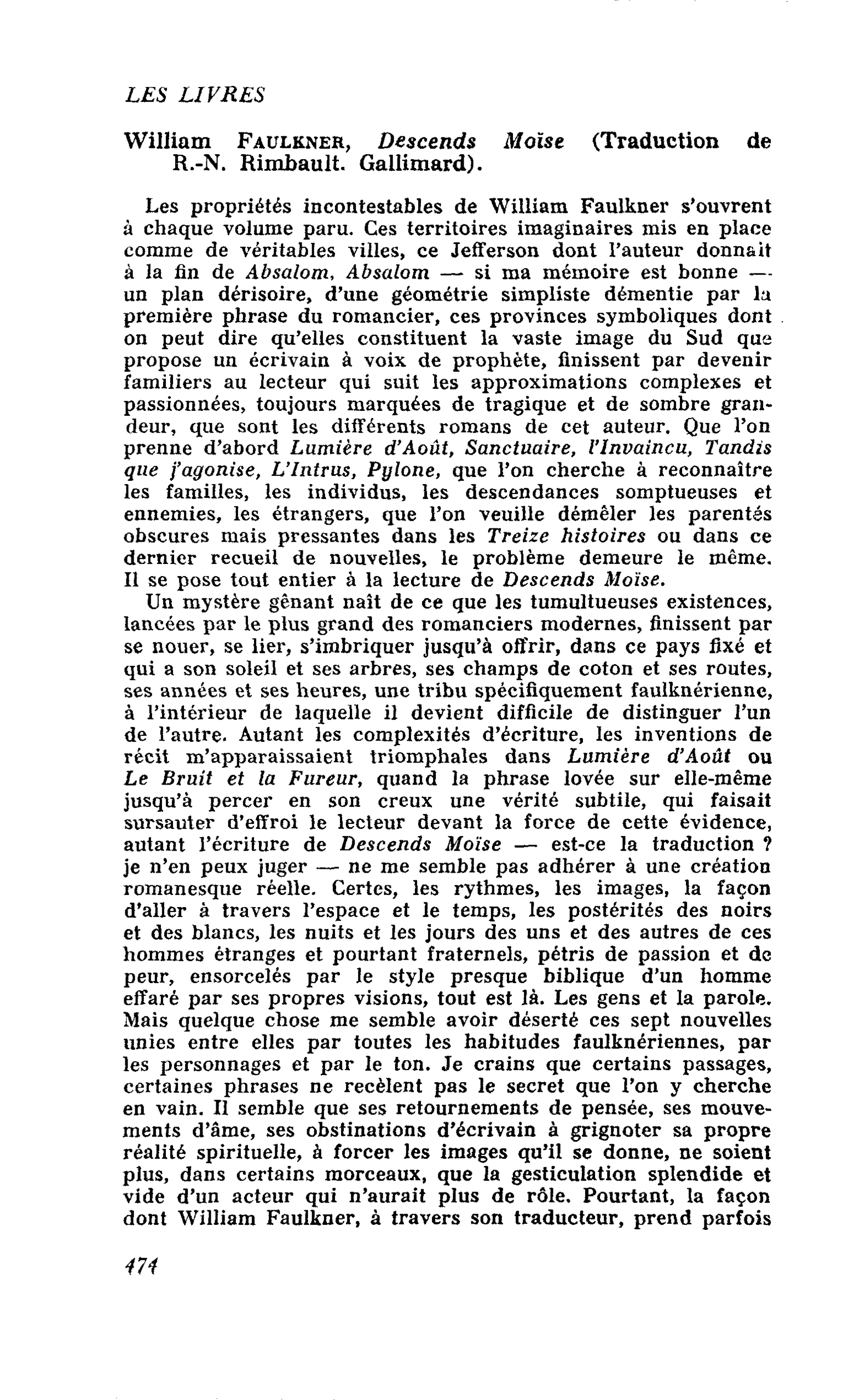 William Faulkner, Descends Moïse