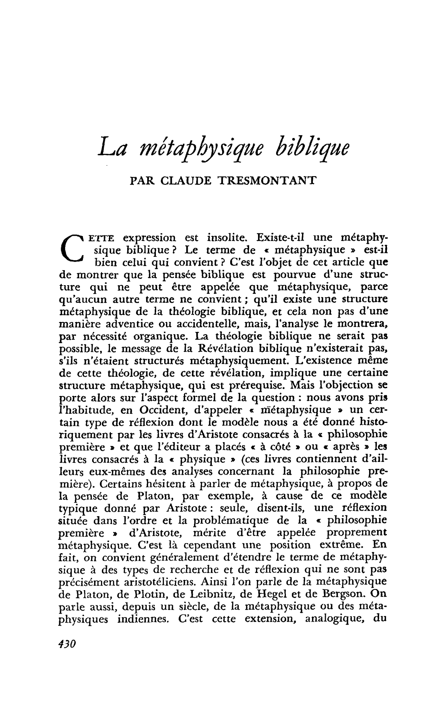 La métaphysique biblique