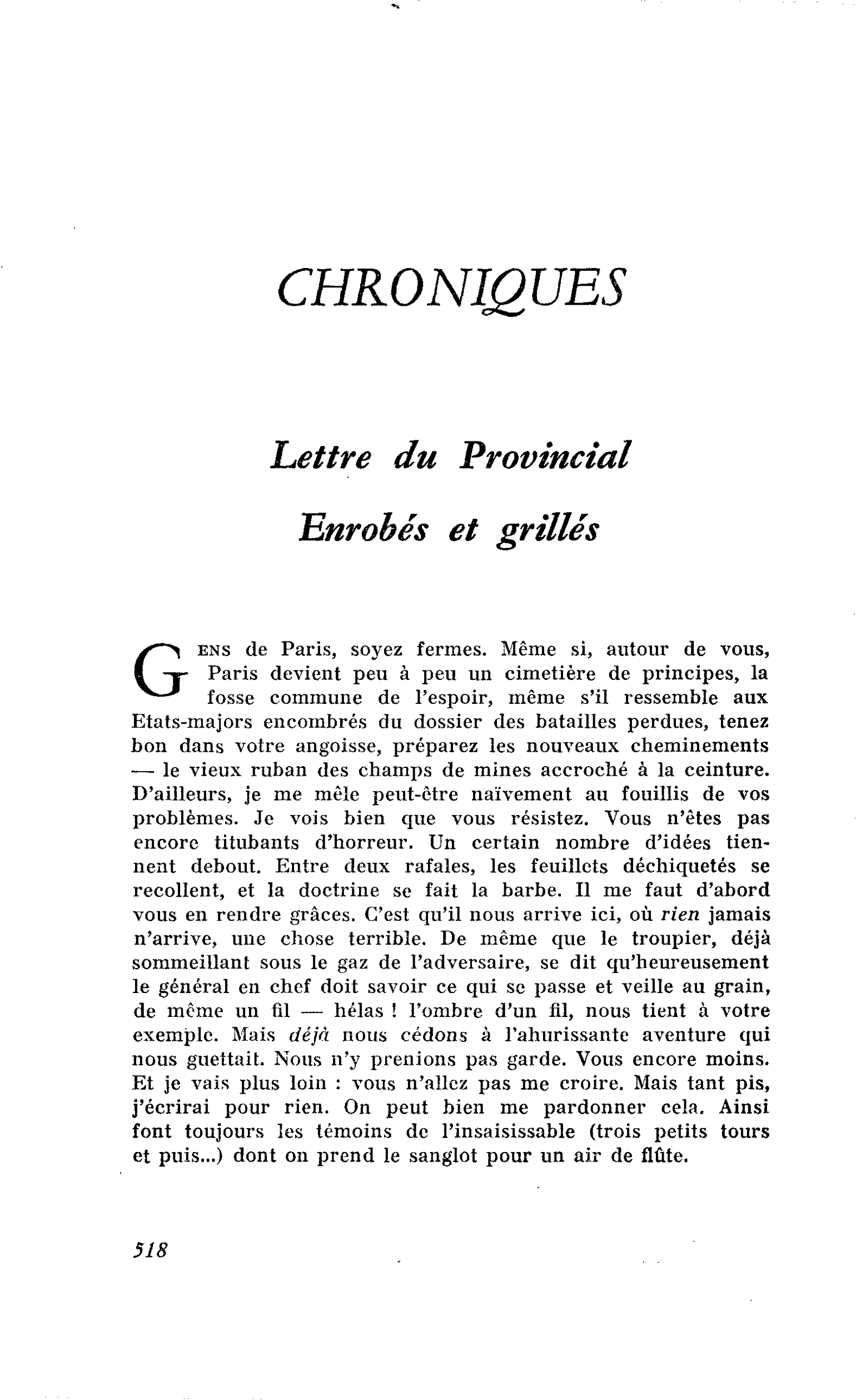 Lettre du Provincial Enrobés et grillés
