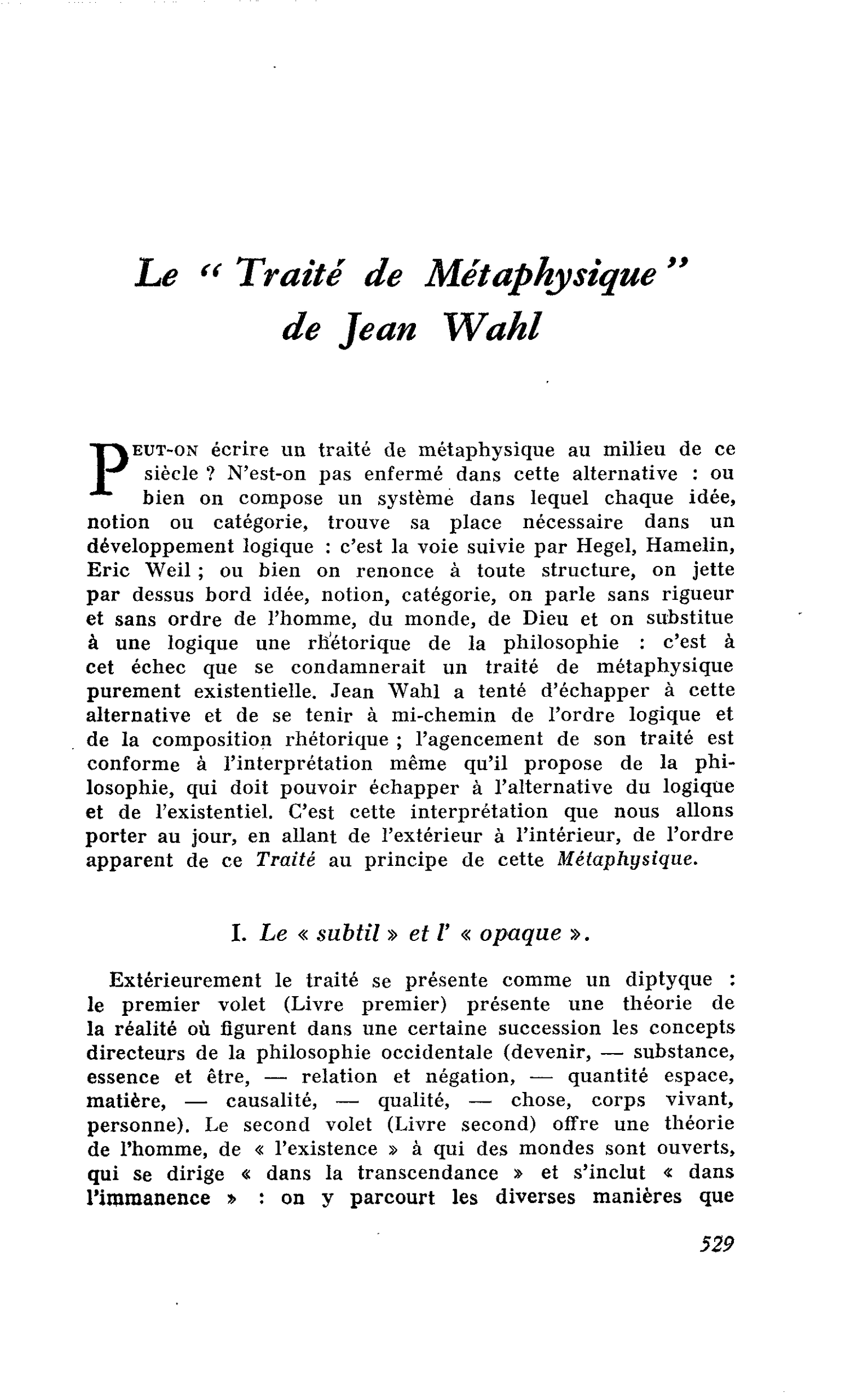 Le « Traité de Métaphysique » de Jean Wahl