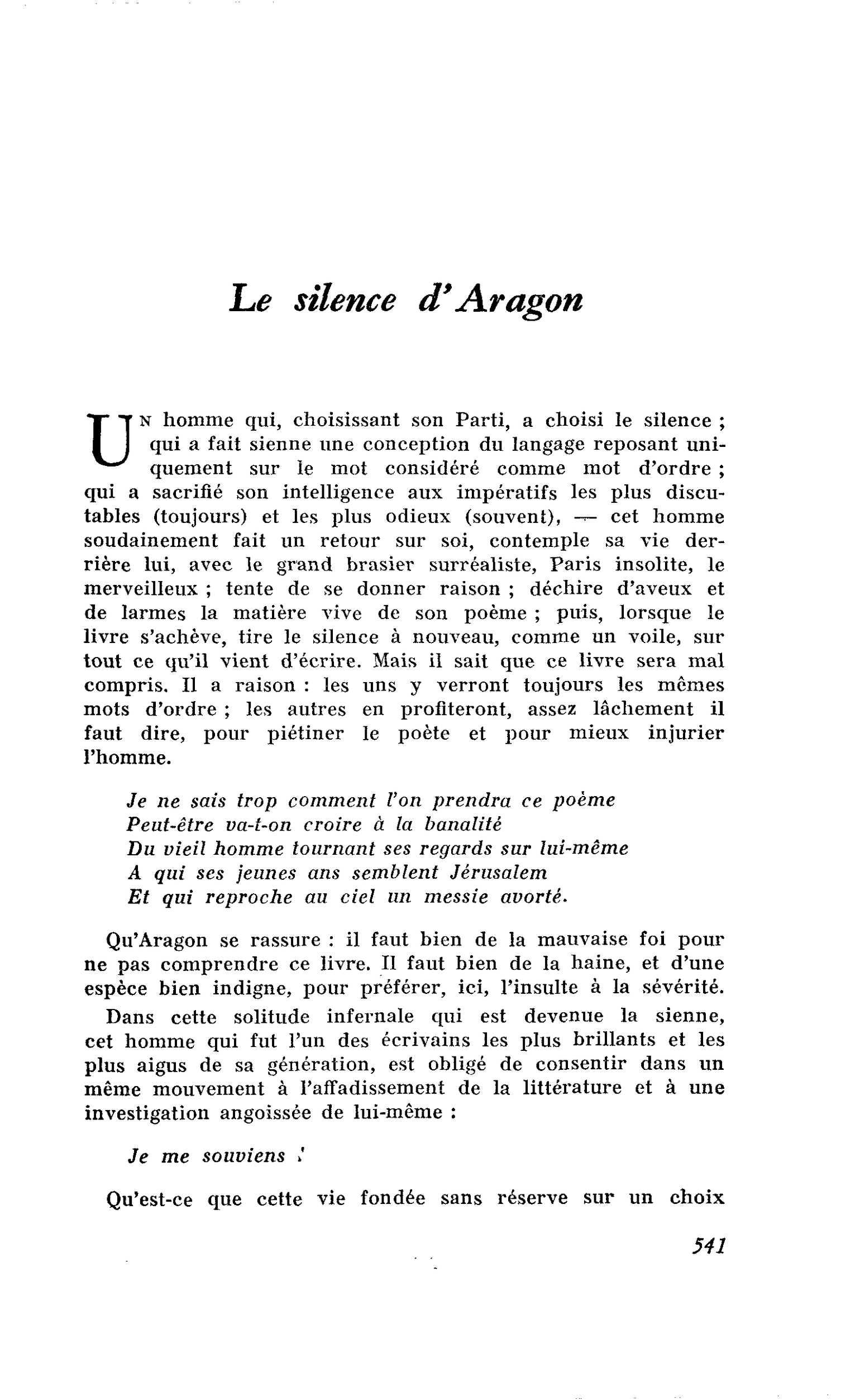 Le silence d’Aragon
