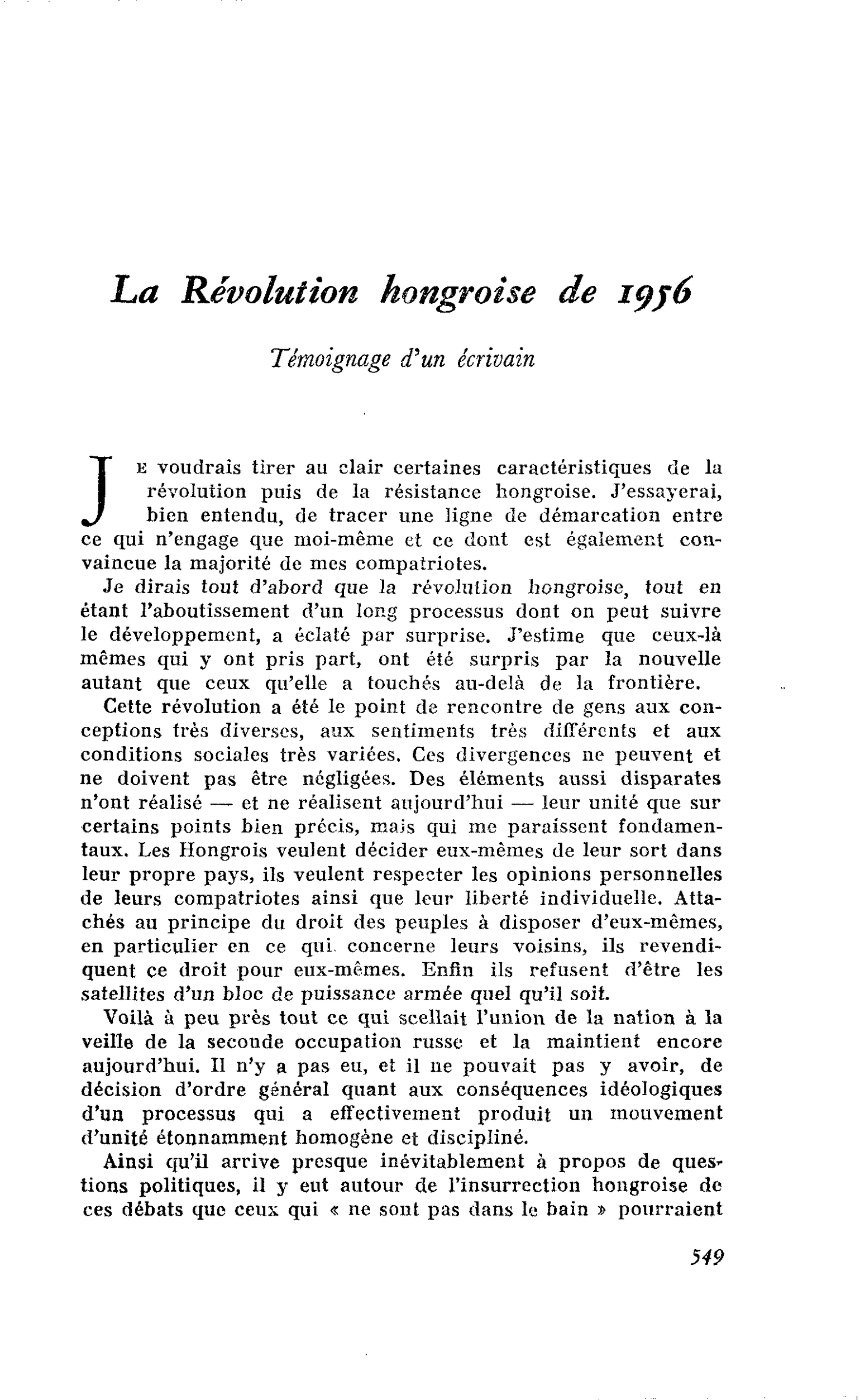 La Révolution hongroise de 1956 : Témoignage d’un écrivain