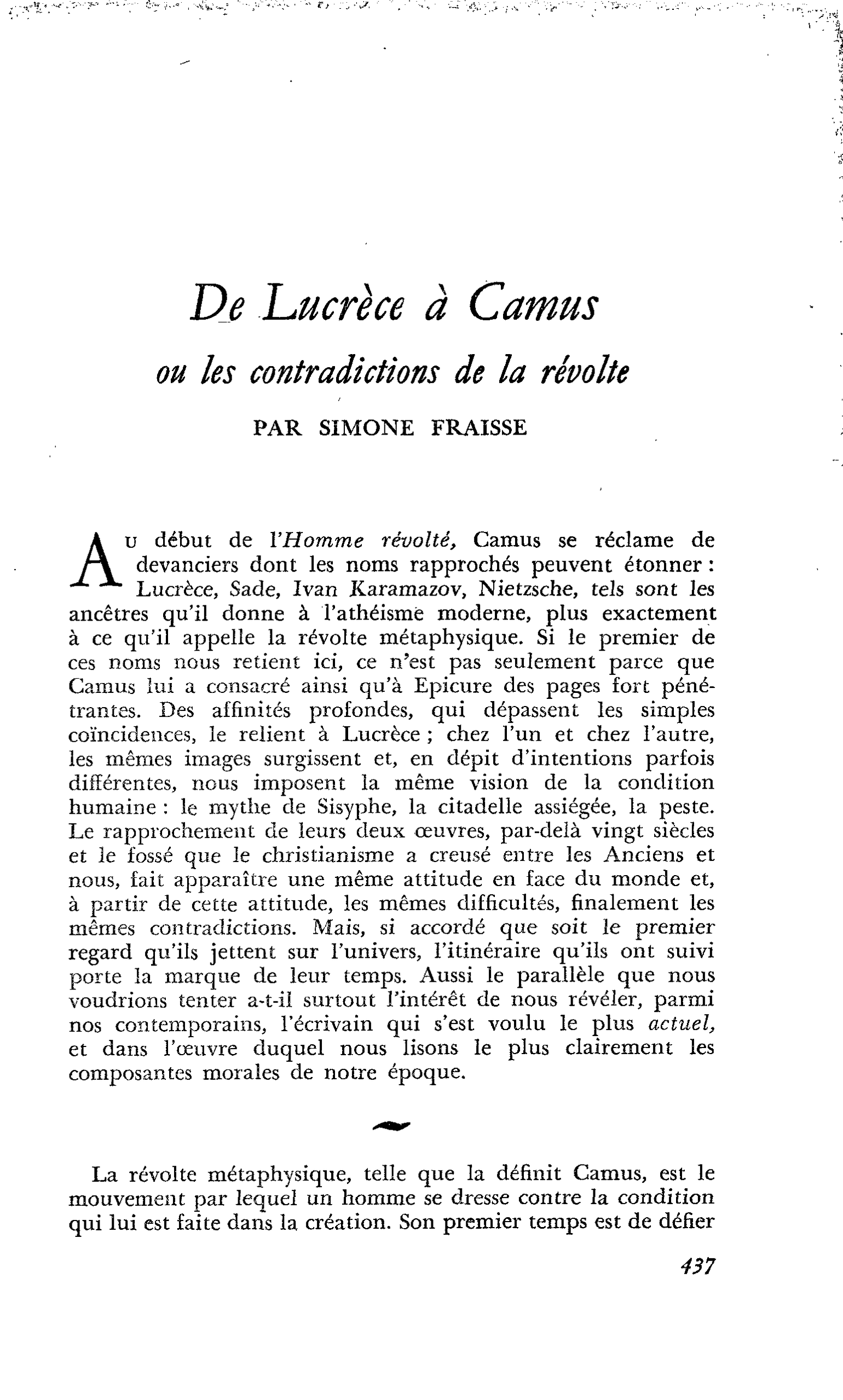 De Lucrèce à Camus ou les contradictions de la révolte