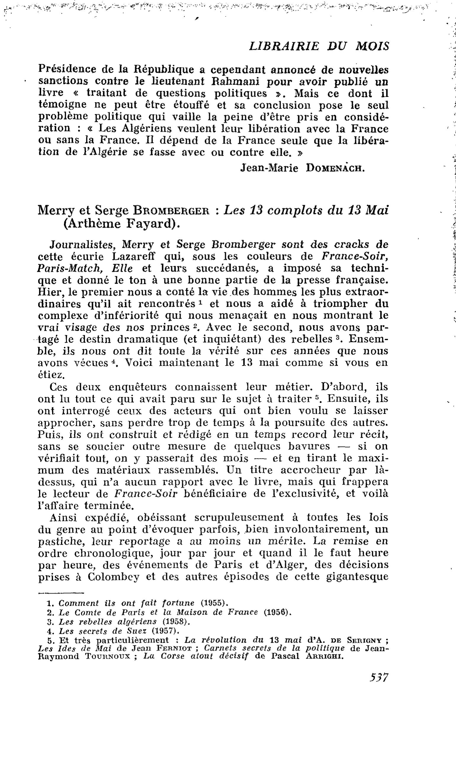 Merry et Serge Bromberger : Les 13 complots du 13 Mai