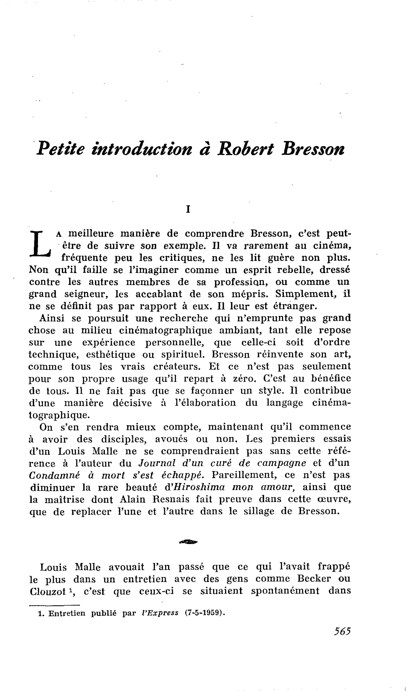 Petite introduction à Robert Bresson