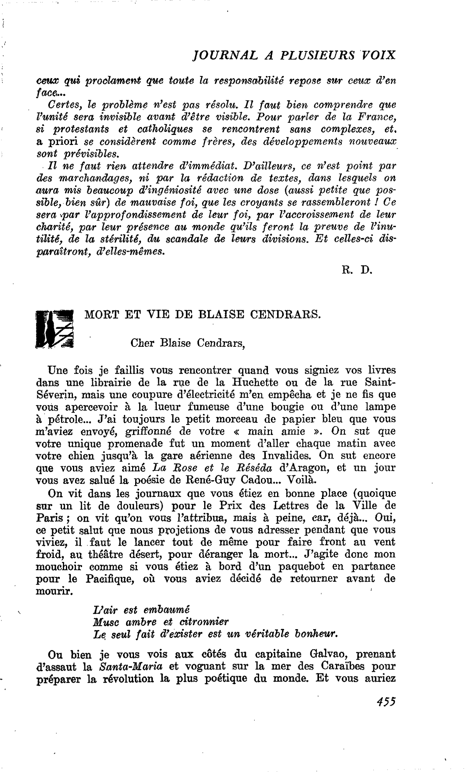 MORT ET VIE DE BLAISE CENDRARS