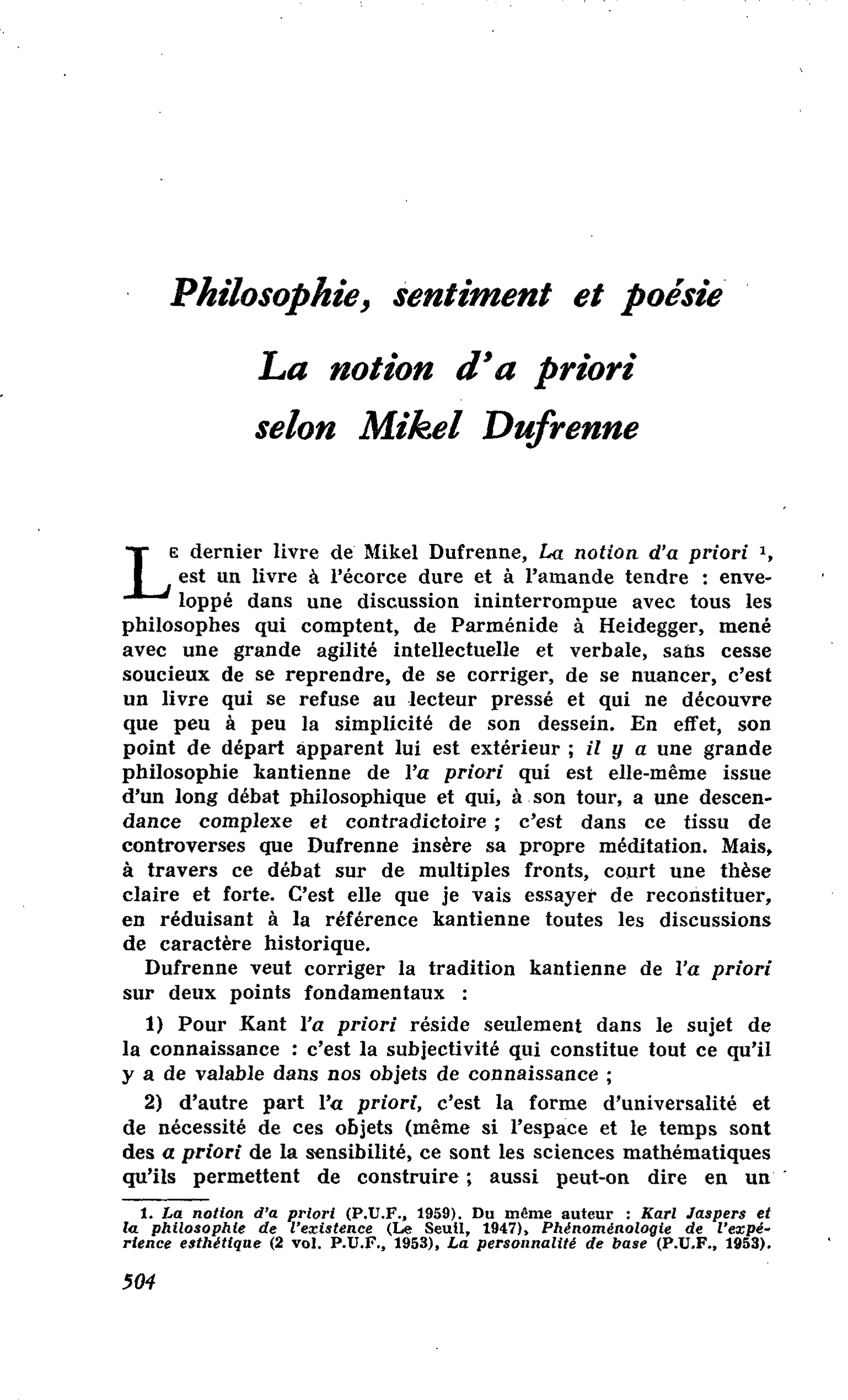Philosophie, sentiment et poésie. La notion d’à priori selon Mikel Dufrenne