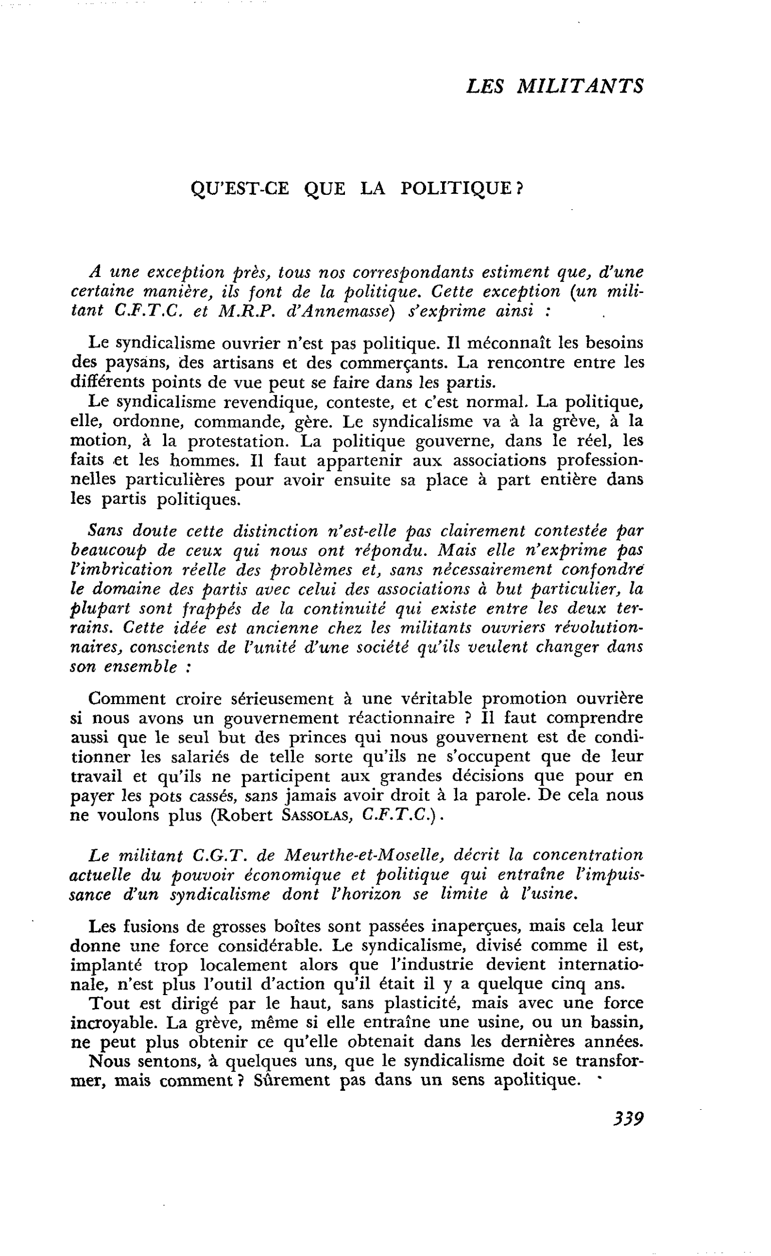 QUE FONT LES MILITANTS ? : QU’EST-CE QUE LA POLITIQUE ?