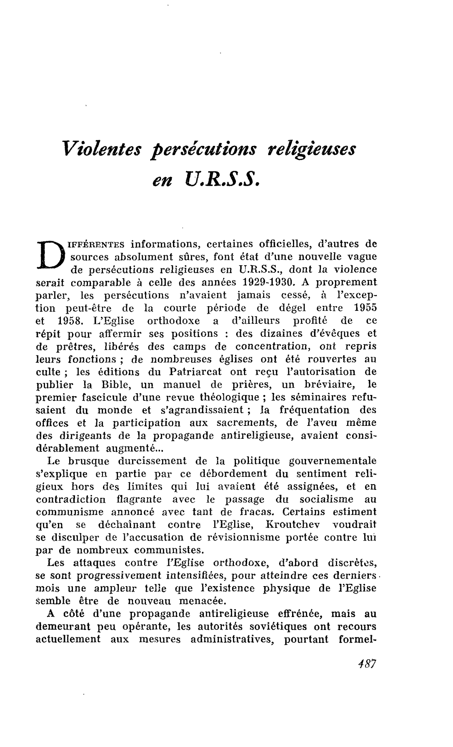 Violentes persécutions religieuses en U.R.S.S.