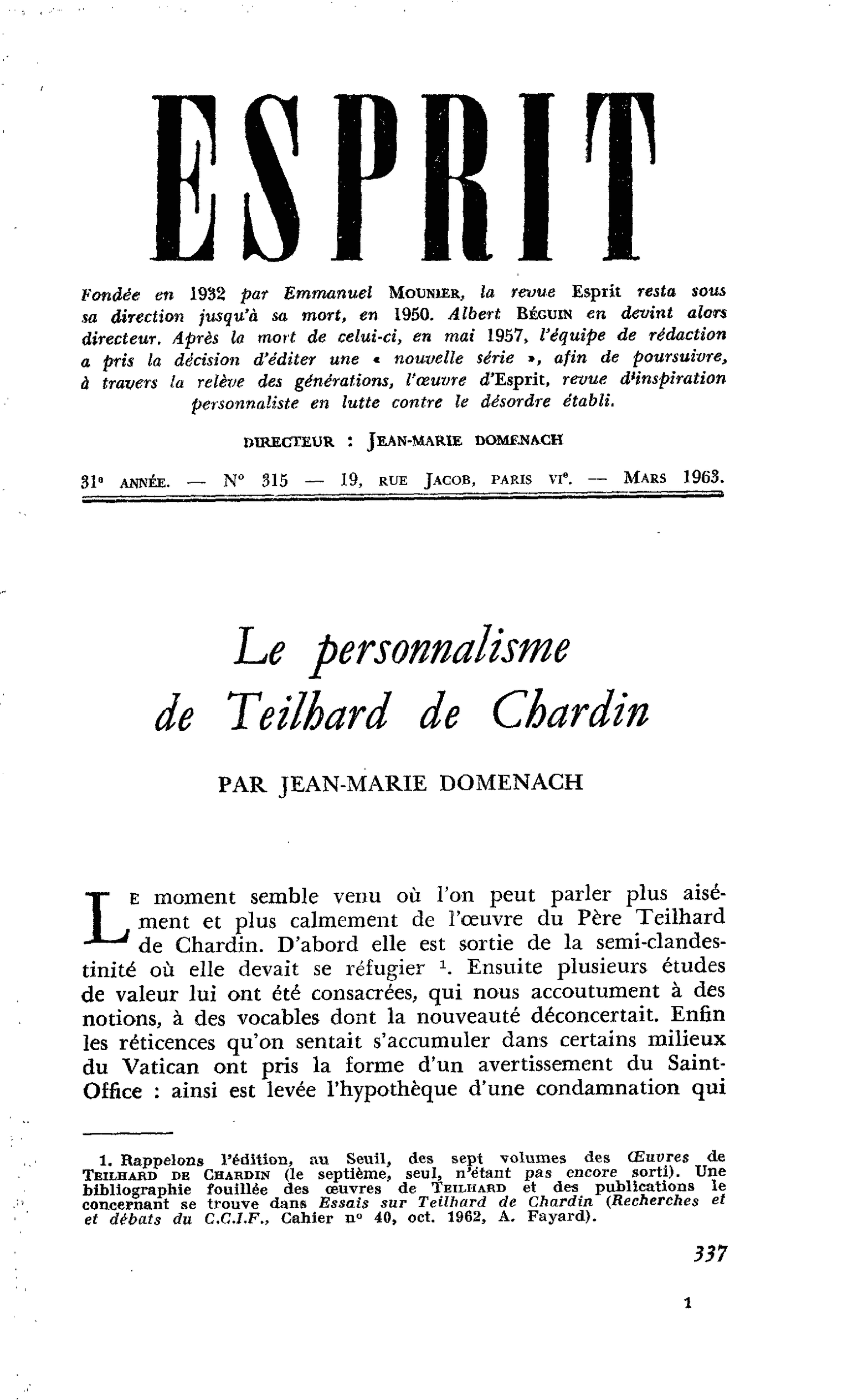 Le personnalisme de Teilhard de Chardin