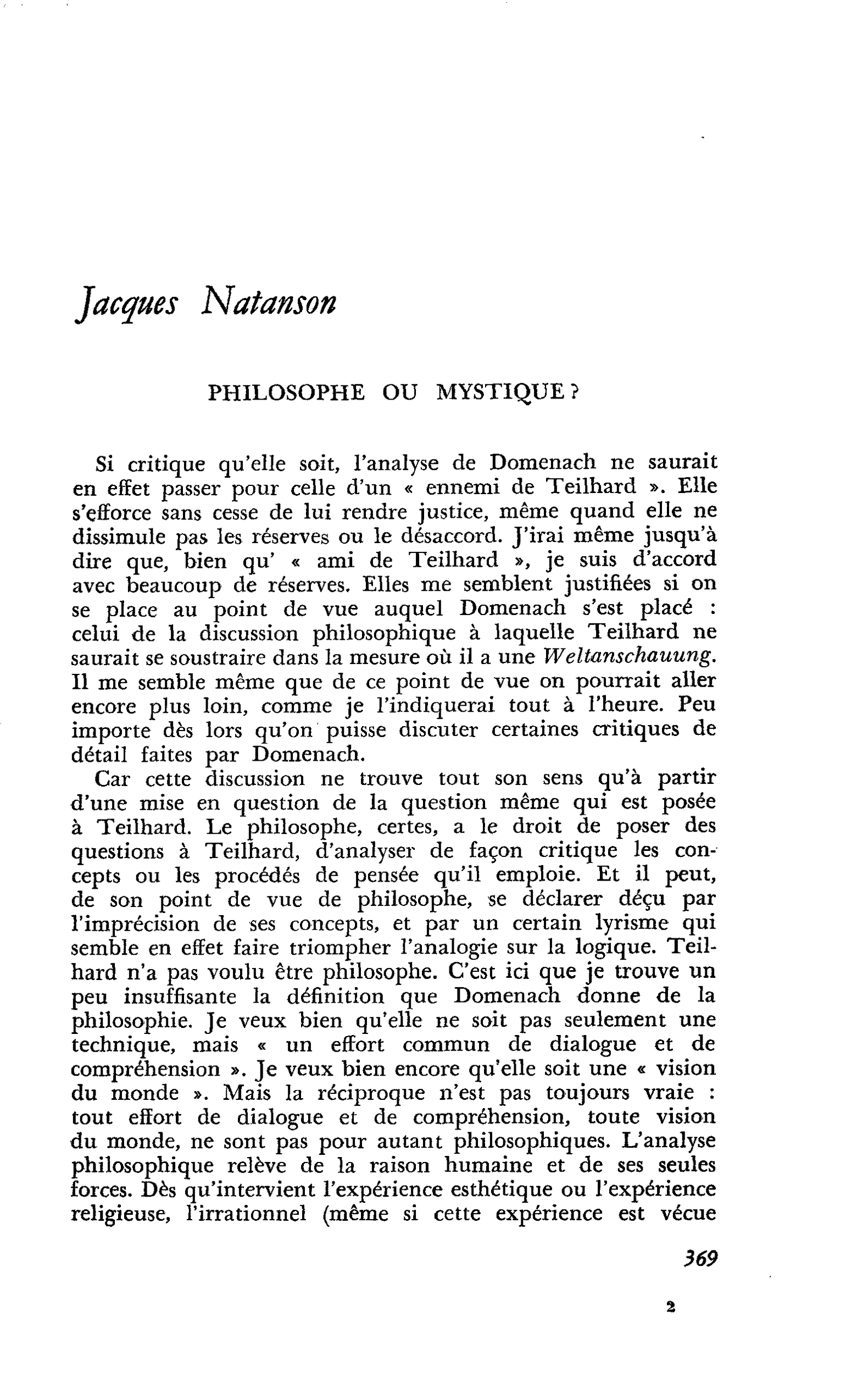 PHILOSOPHE OU MYSTIQUE ?