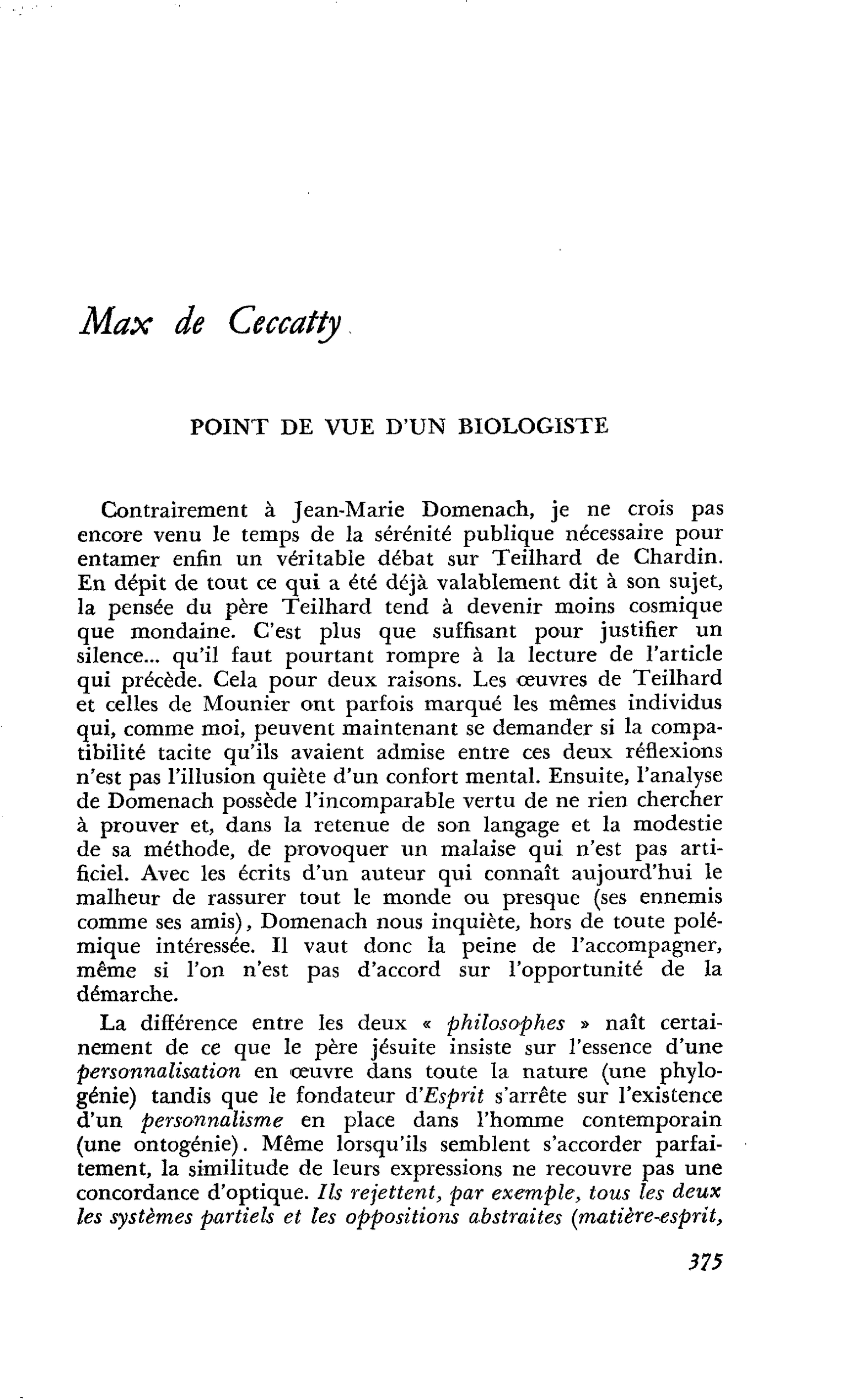 POINT DE VUE D’UN BIOLOGISTE