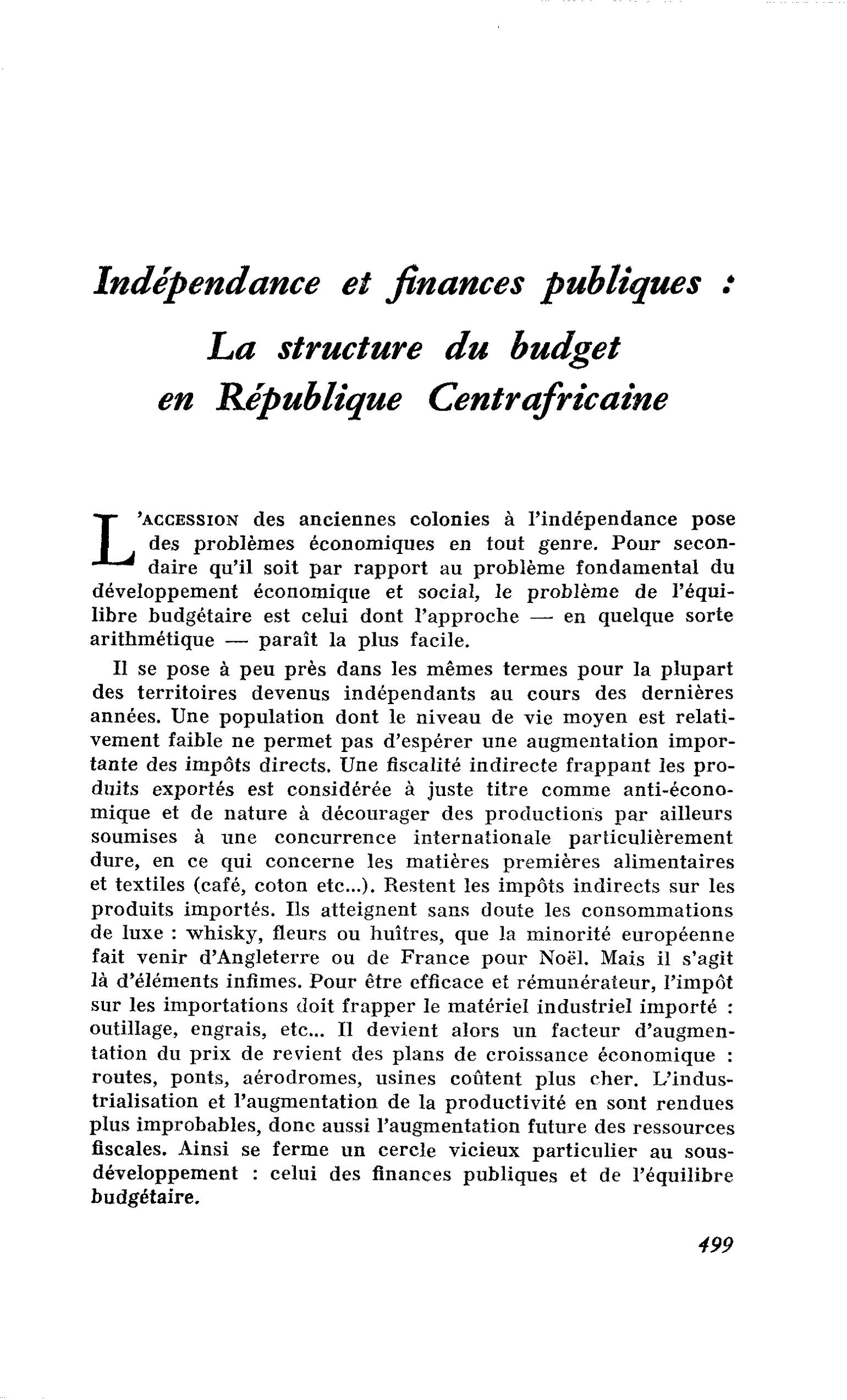 Indépendance et finances publiques : La structure du budget en République Centrafricaine