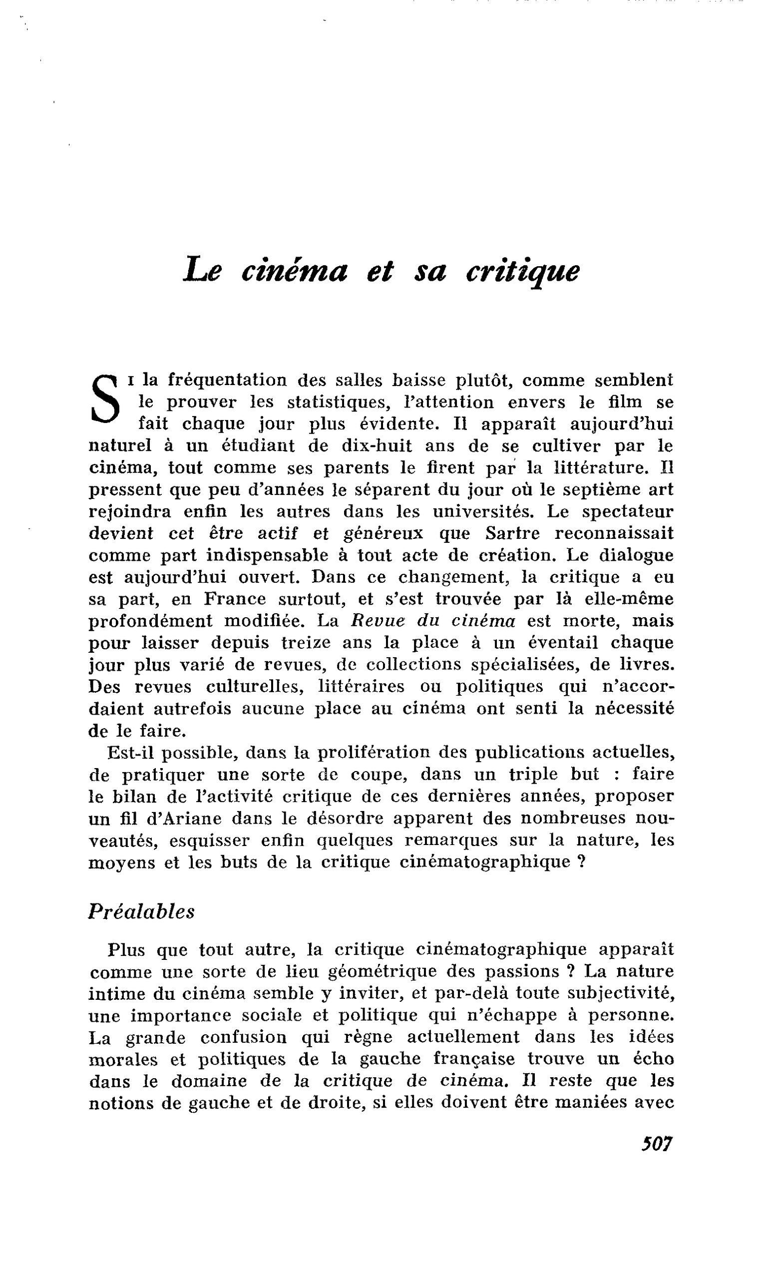 Le cinéma et sa critique