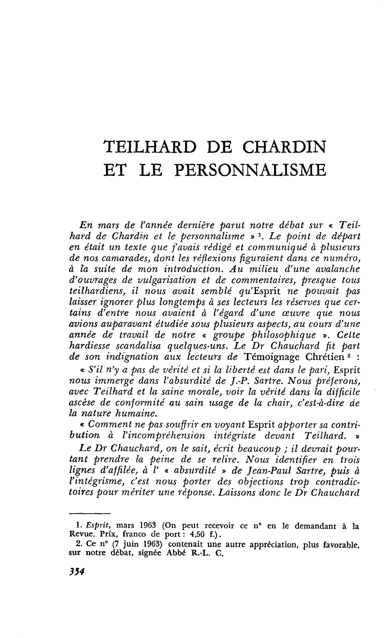 TEILHARD DE CHARDIN ET LE PERSONNALISME