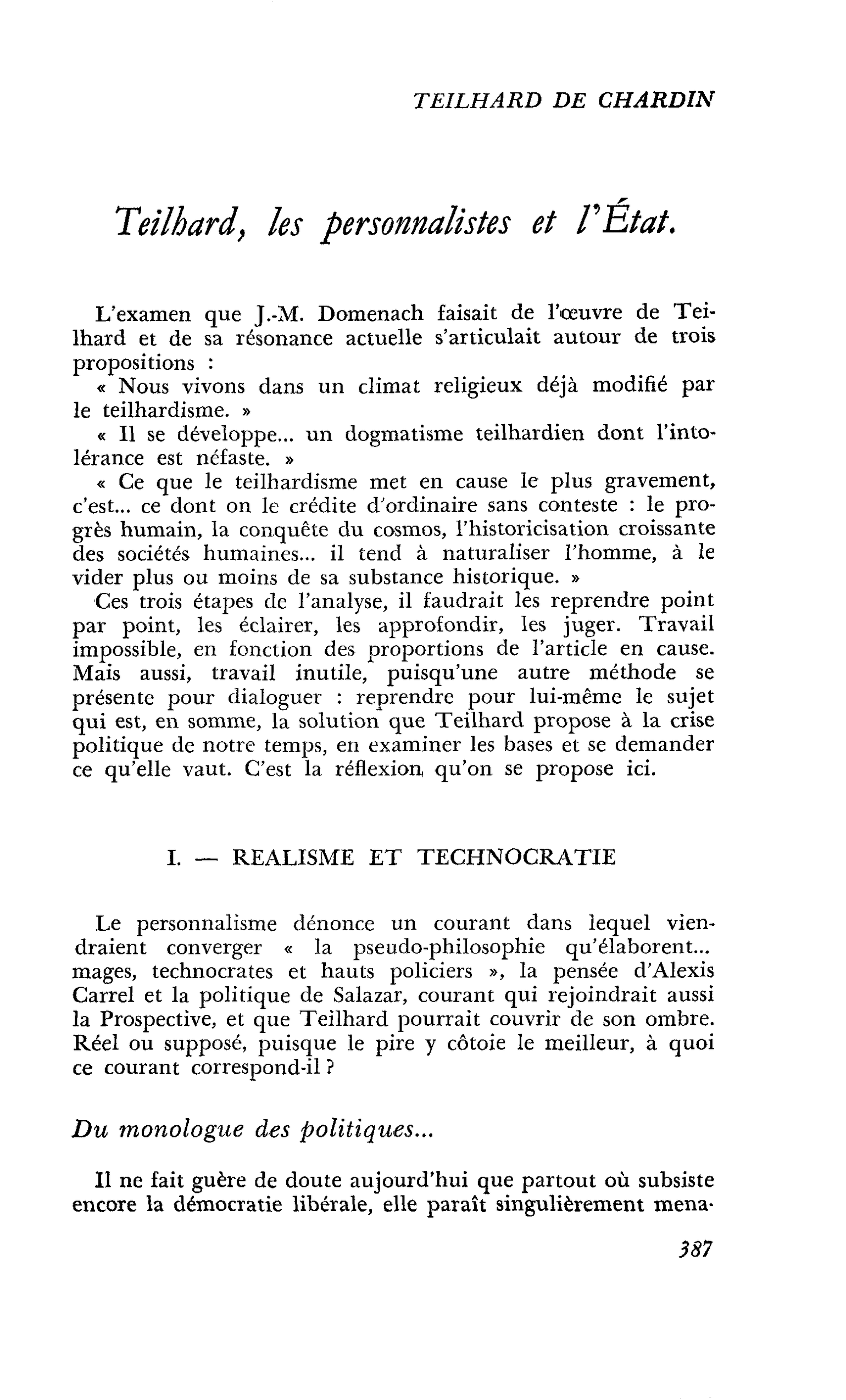 Teilhard, les personnalistes et l’État