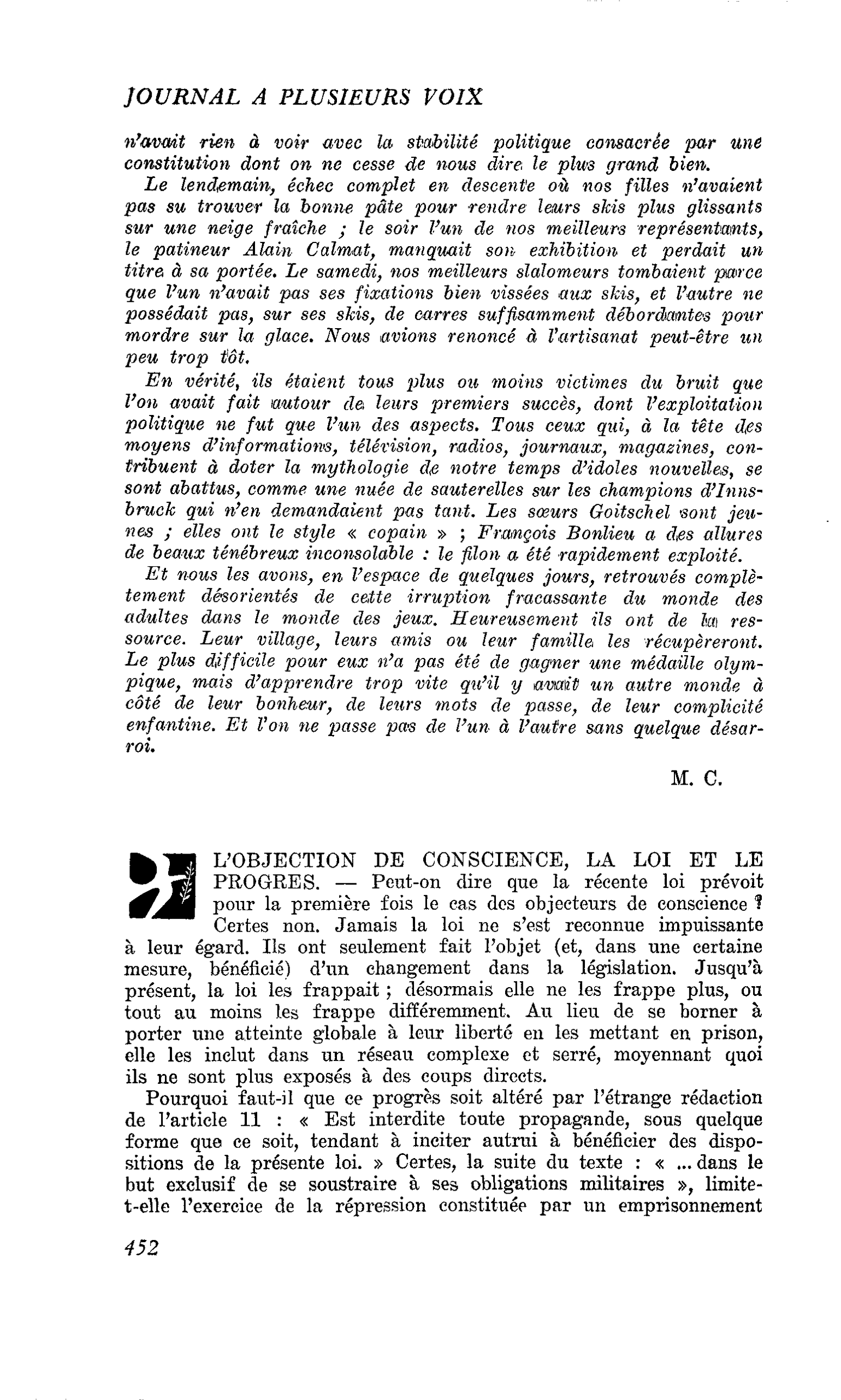 L’OBJECTION DE CONSCIENCE, LA LOI ET LE PROGRES