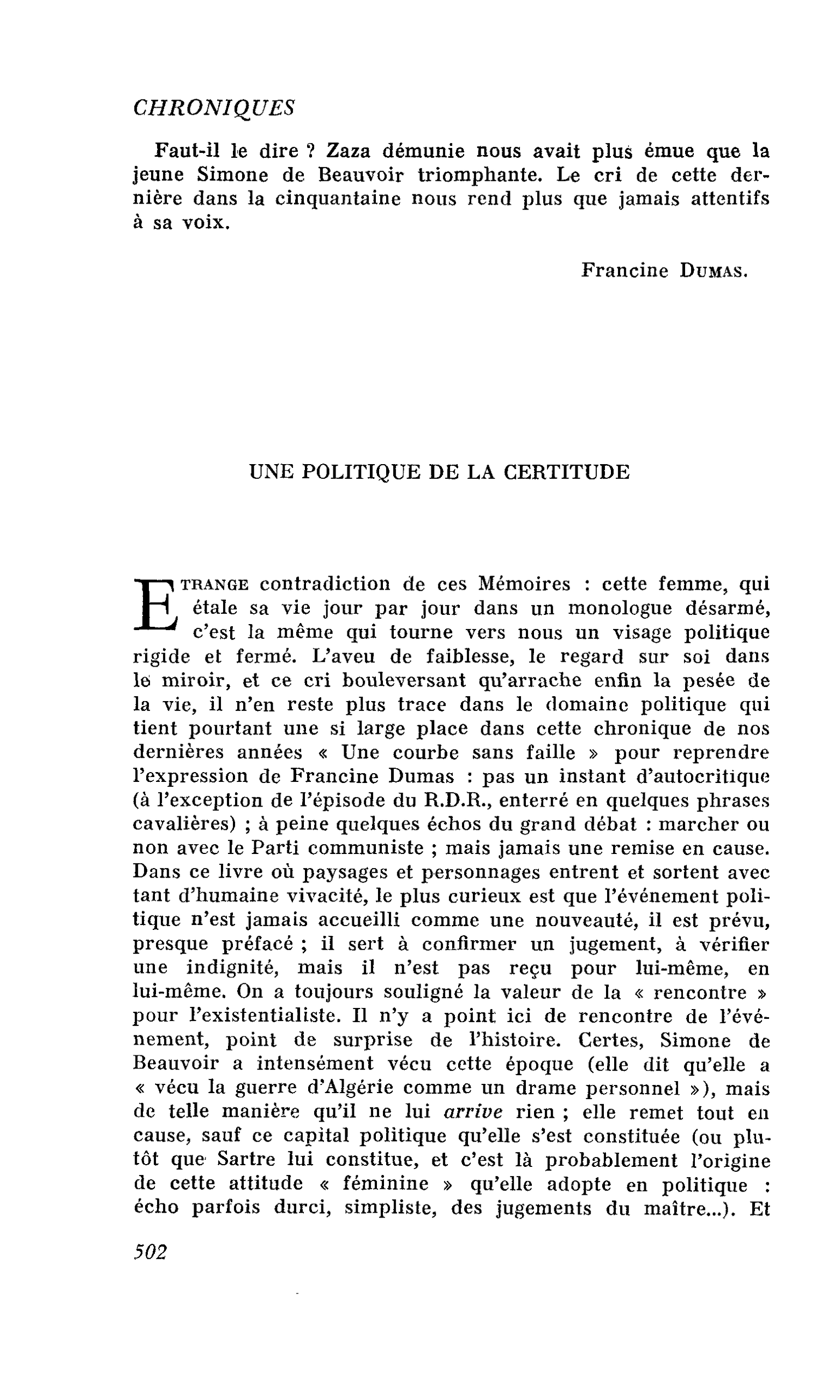 UNE POLITIQUE DE LA CERTITUDE