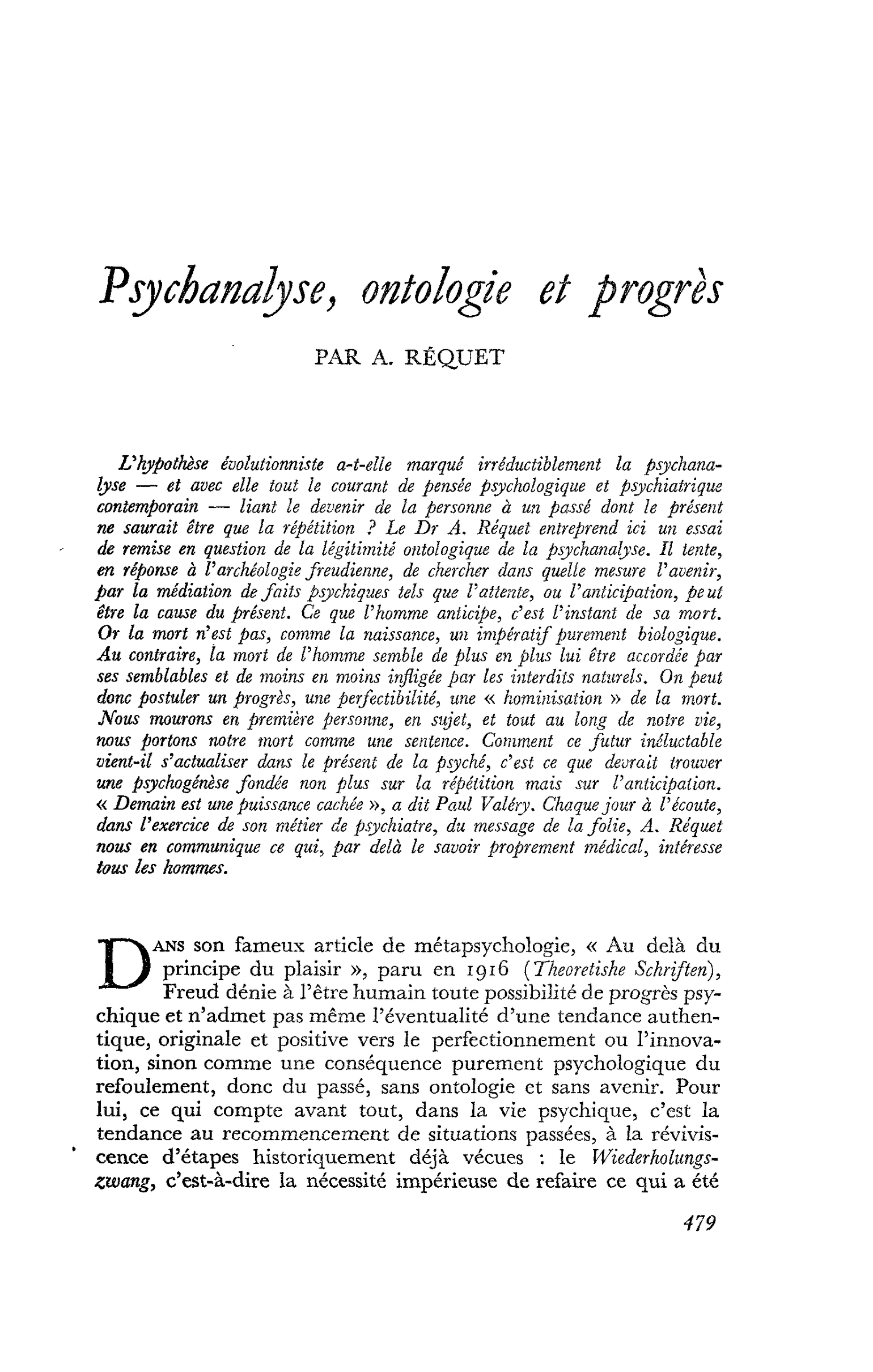 Psychanalyse, ontologie et progrès