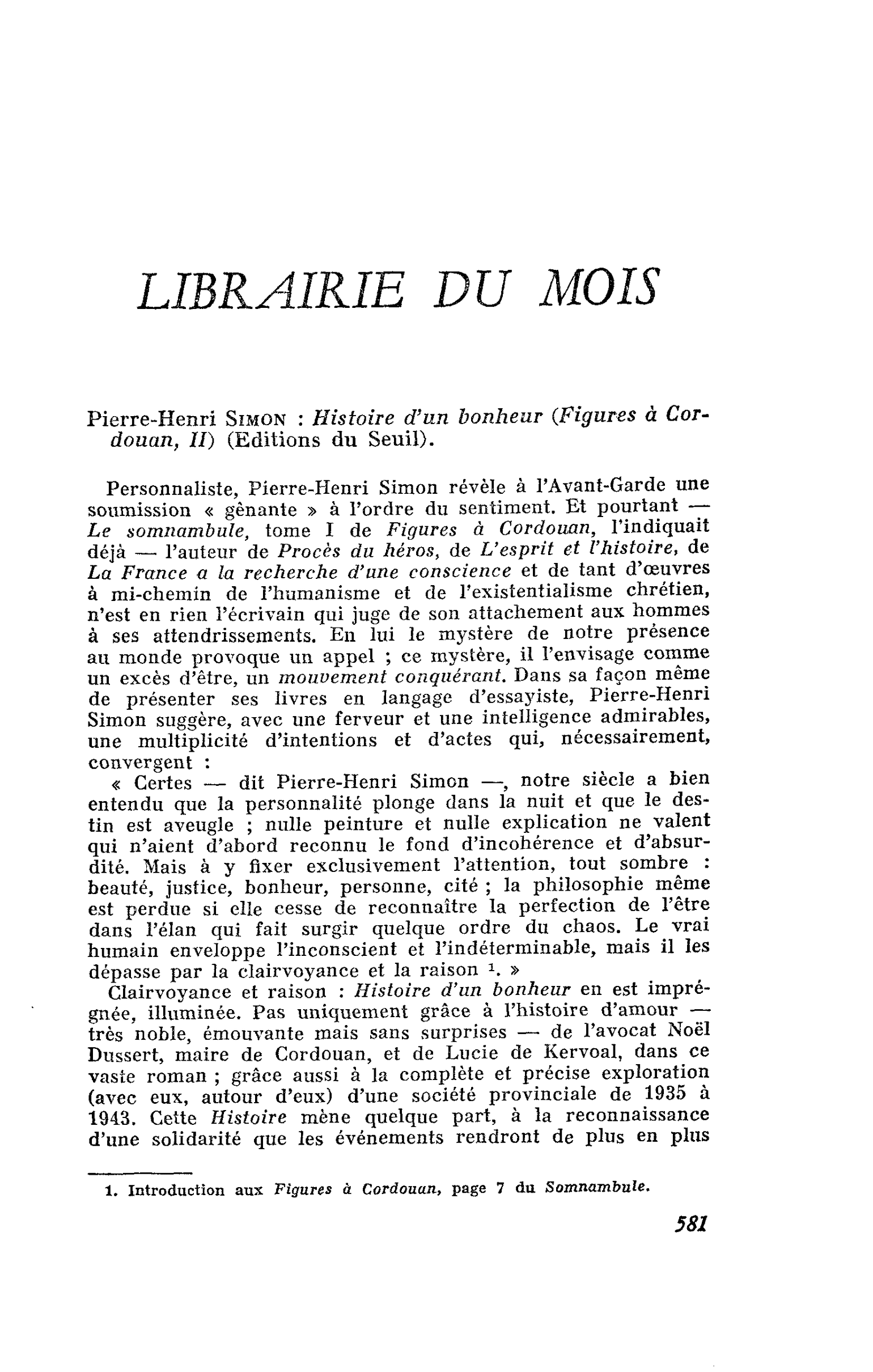 Pierre-Henri Simon : Histoire d’un bonheur (Figures à Cor- douan, II)