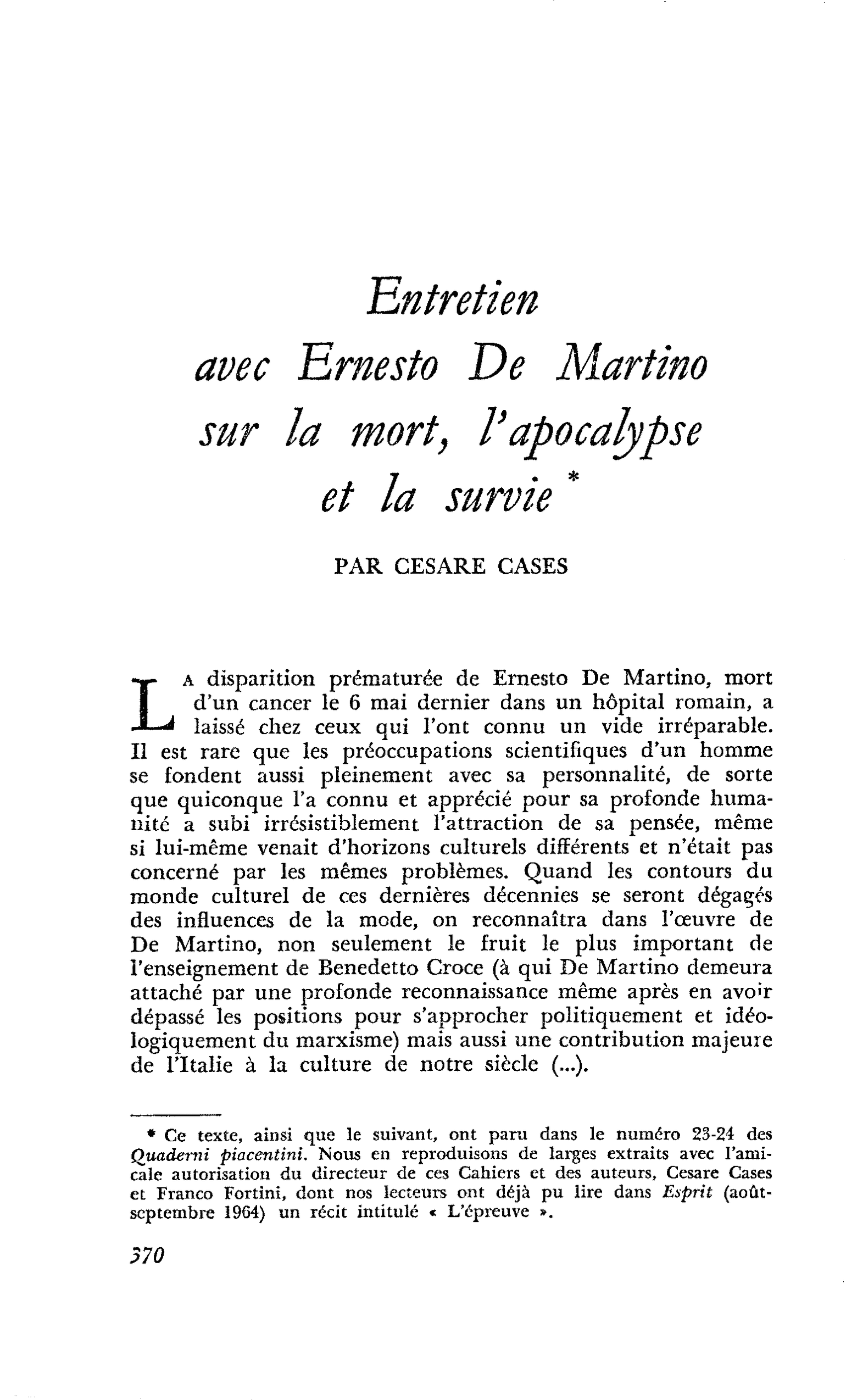 Entretien avec Ernesto De Martino sur la mort, l’apocalypse et la survie