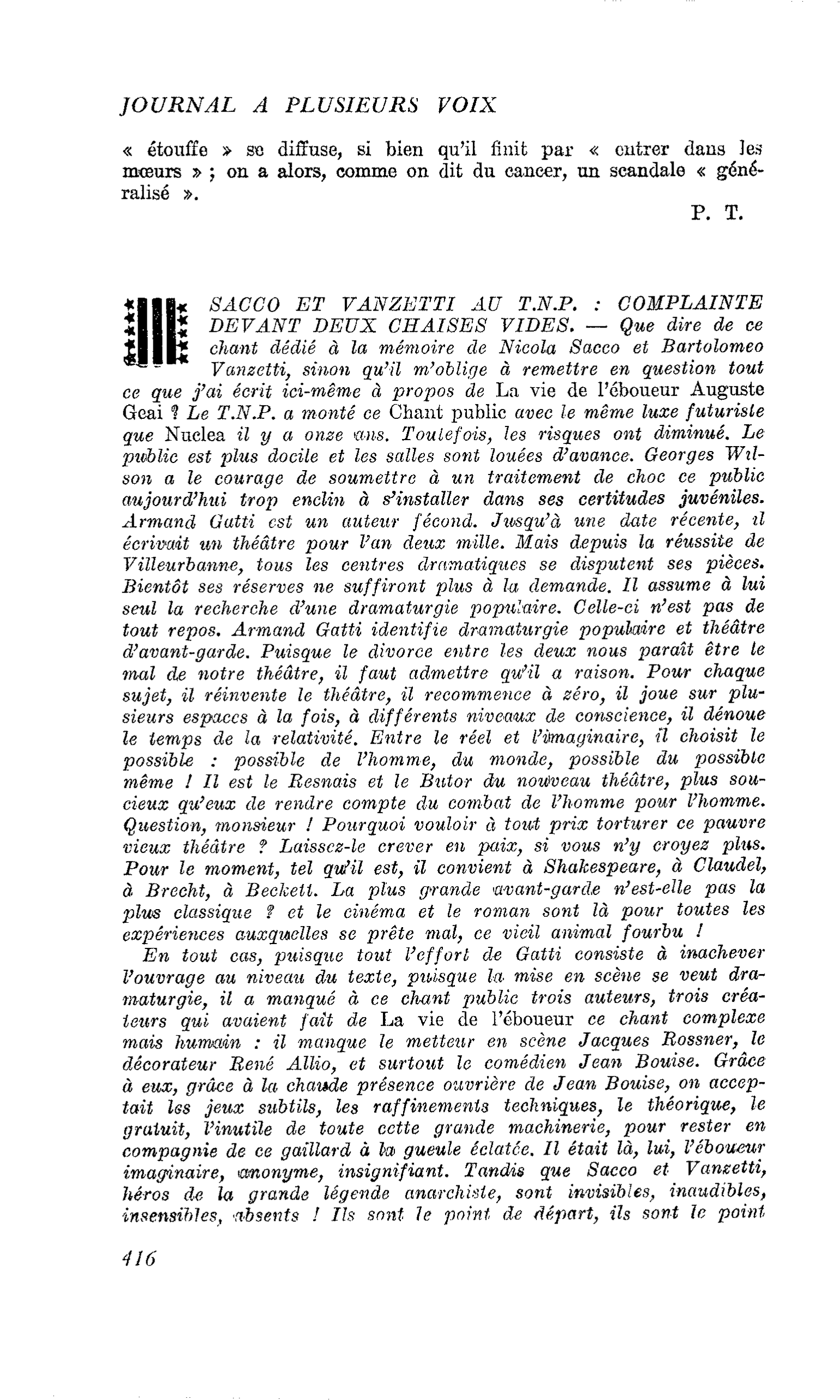 SACCO ET VANZETTI AU T.N.P. : COMPLAINTE DEVANT DEUX CHAISES VIDES