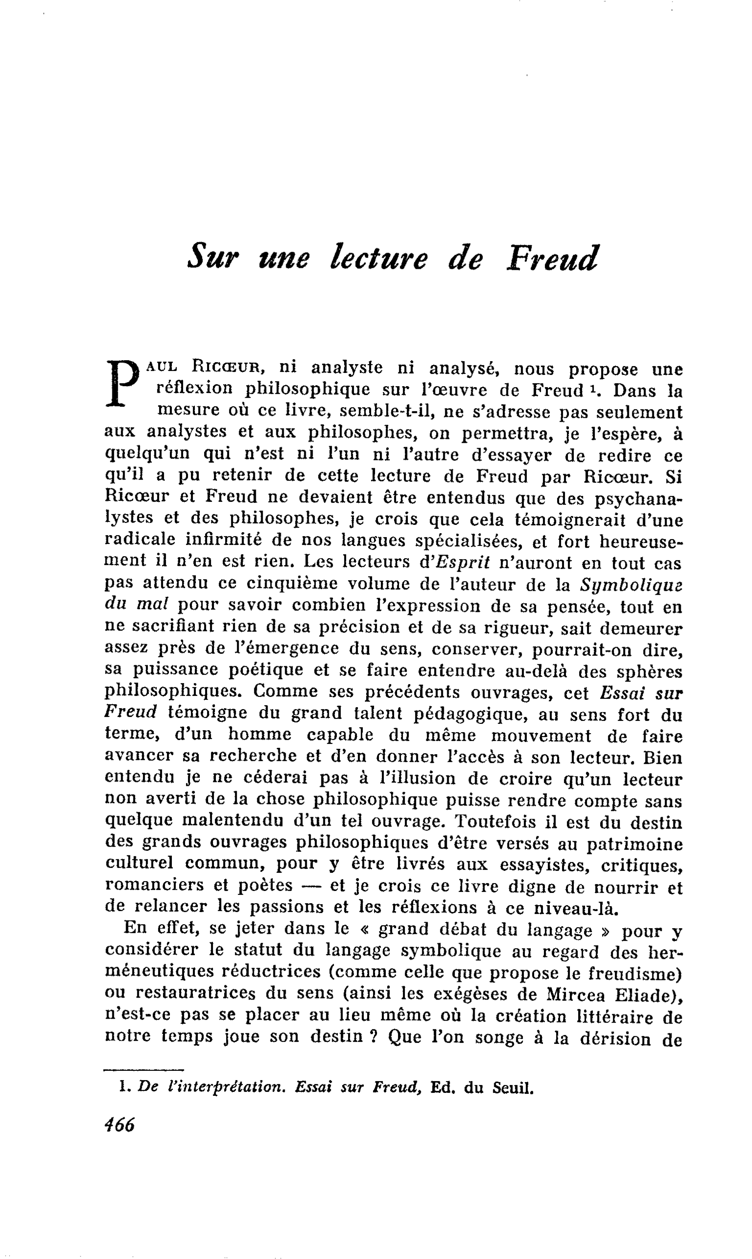 Sur une lecture de Freud