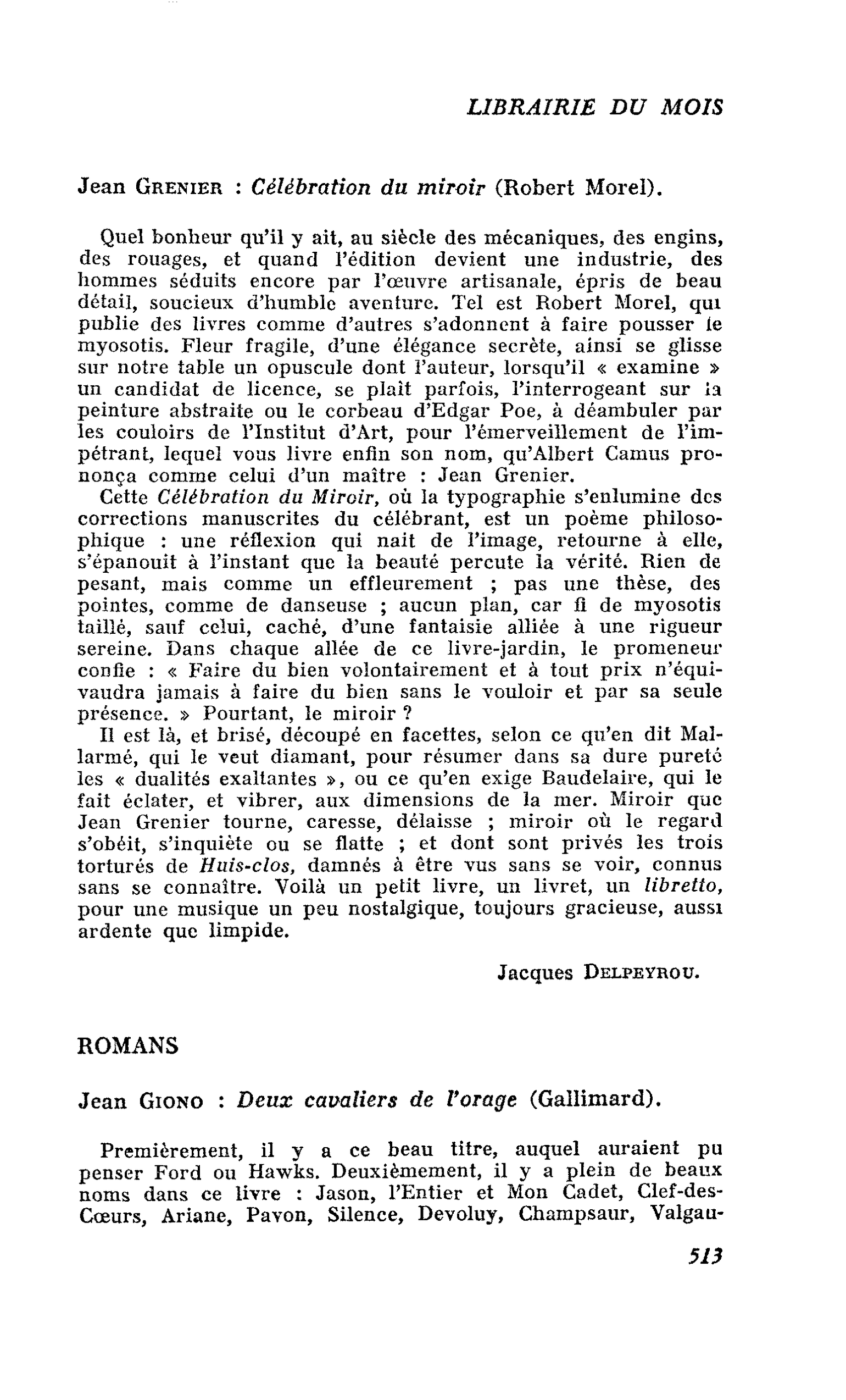 Jean Grenier : Célébration du miroir