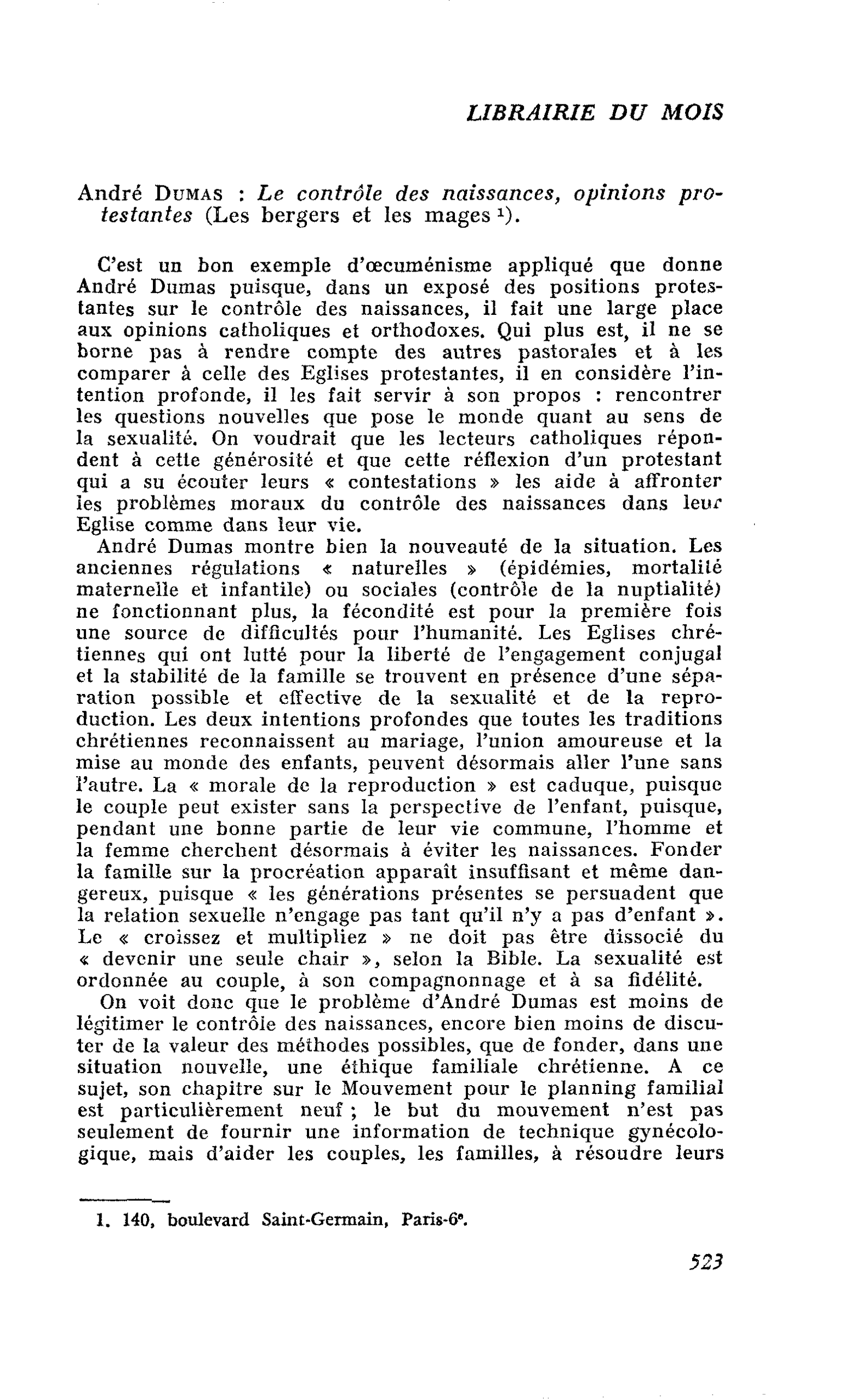 André Dumas : Le contrôle des naissances, opinions protestantes