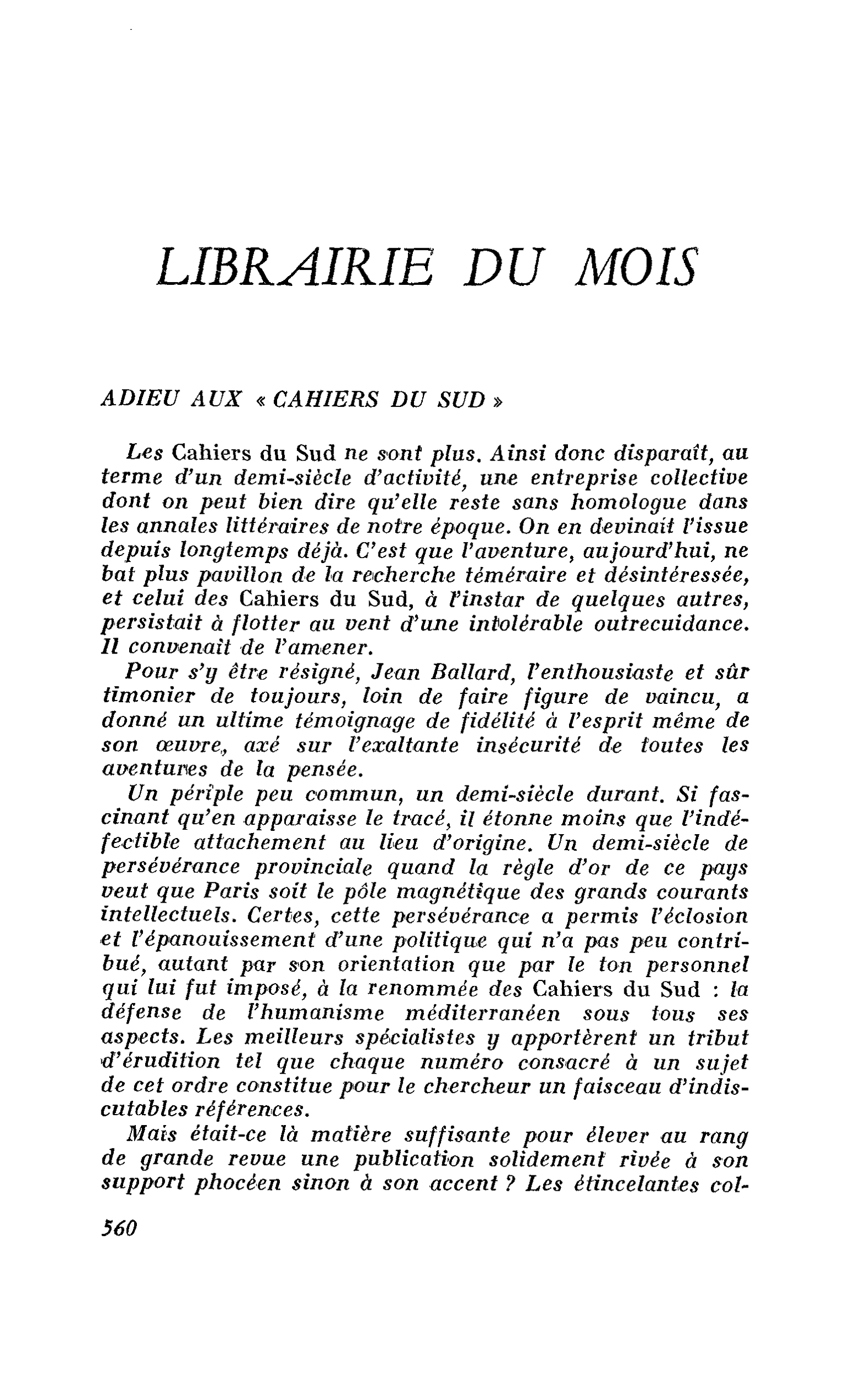 ADIEU AUX « CAHIERS DU SUD »