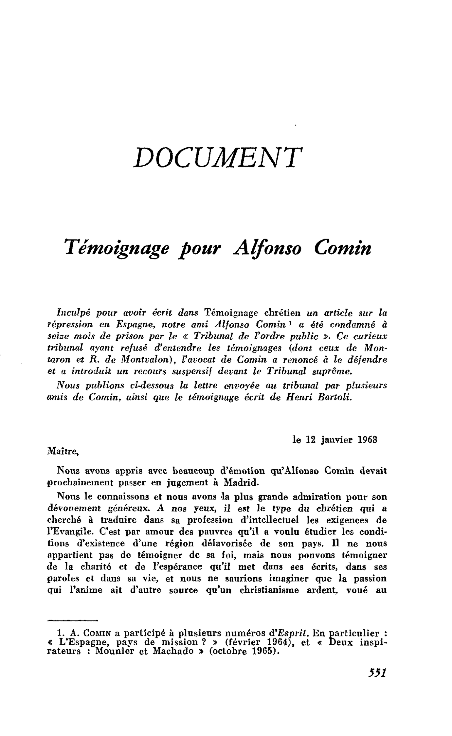 Témoignage pour Alfonso Comin