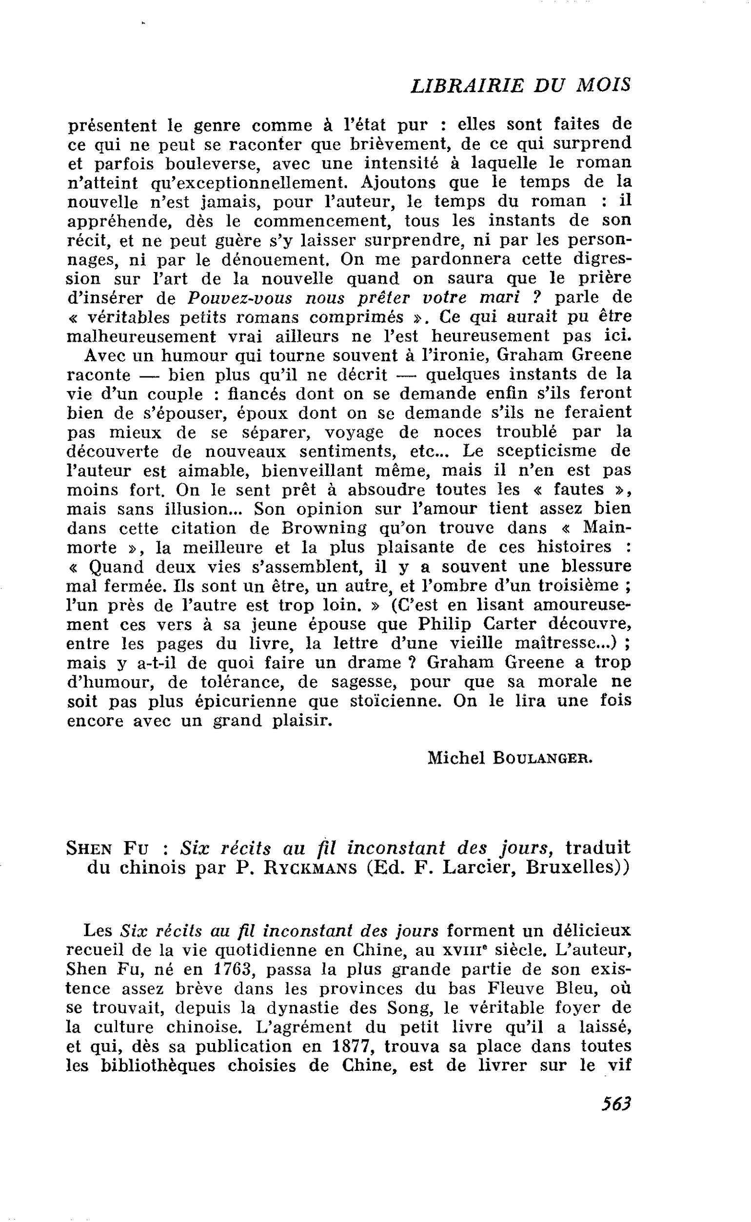 Shen Fu : Six récits au fil inconstant des jours, traduit du chinois par P. Ryckmans
