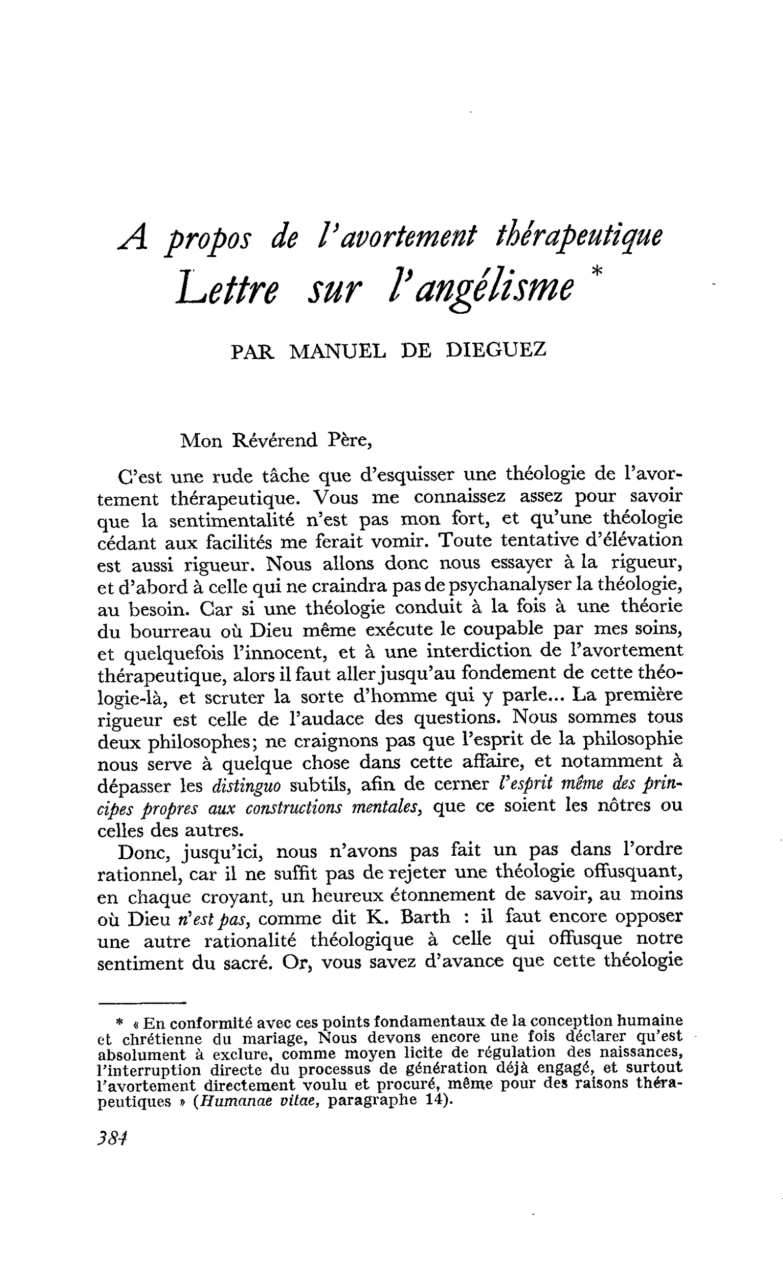 A. propos de l’avortement thérapeutique. Lettre sur l’angélisme