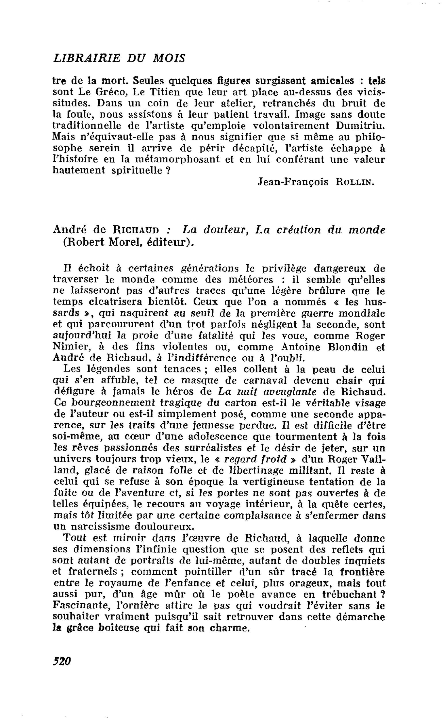 André de Richaud : La douleur, La création du monde
