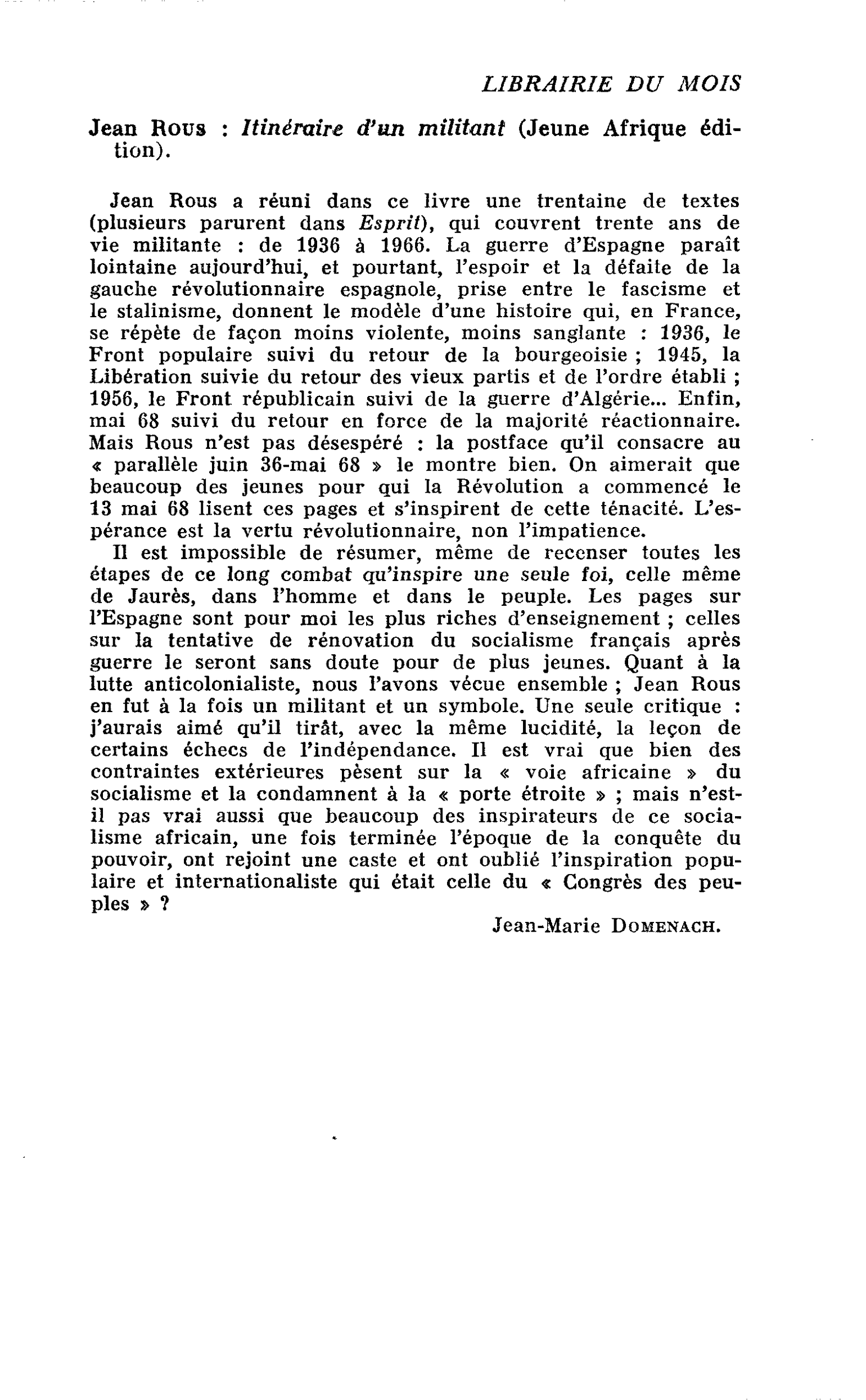 Jean Rous : Itinéraire d’an militant