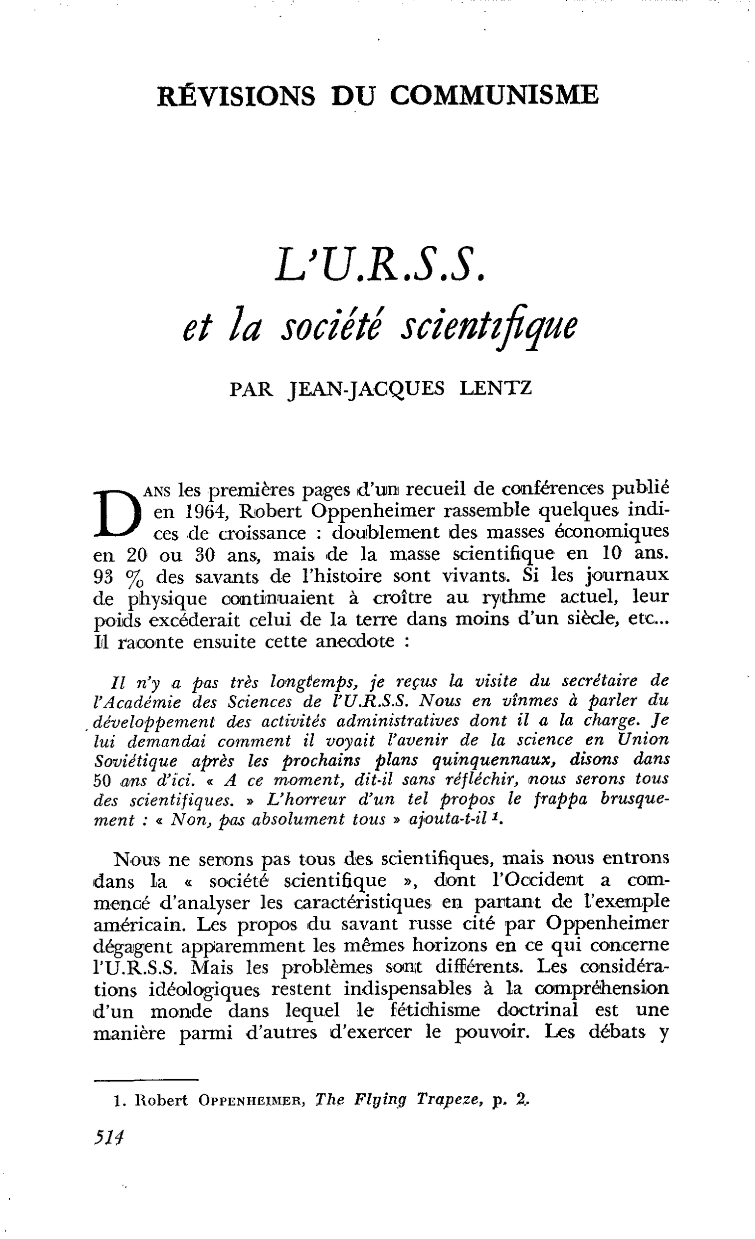 L’U.R.S.S. et la société scientifique