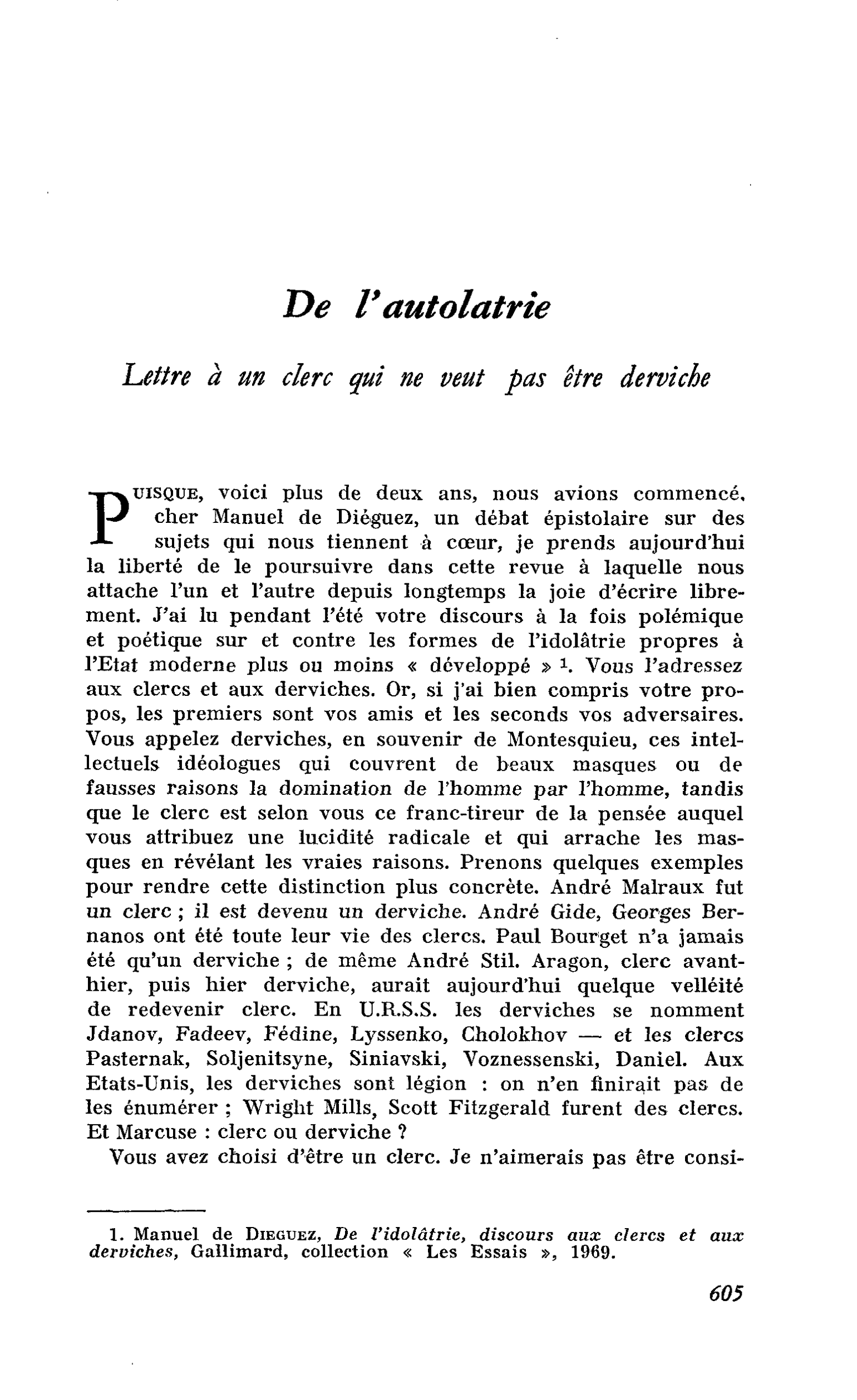 De l’autolâtrie Lettre à un clerc qui ne veut pas être derviche