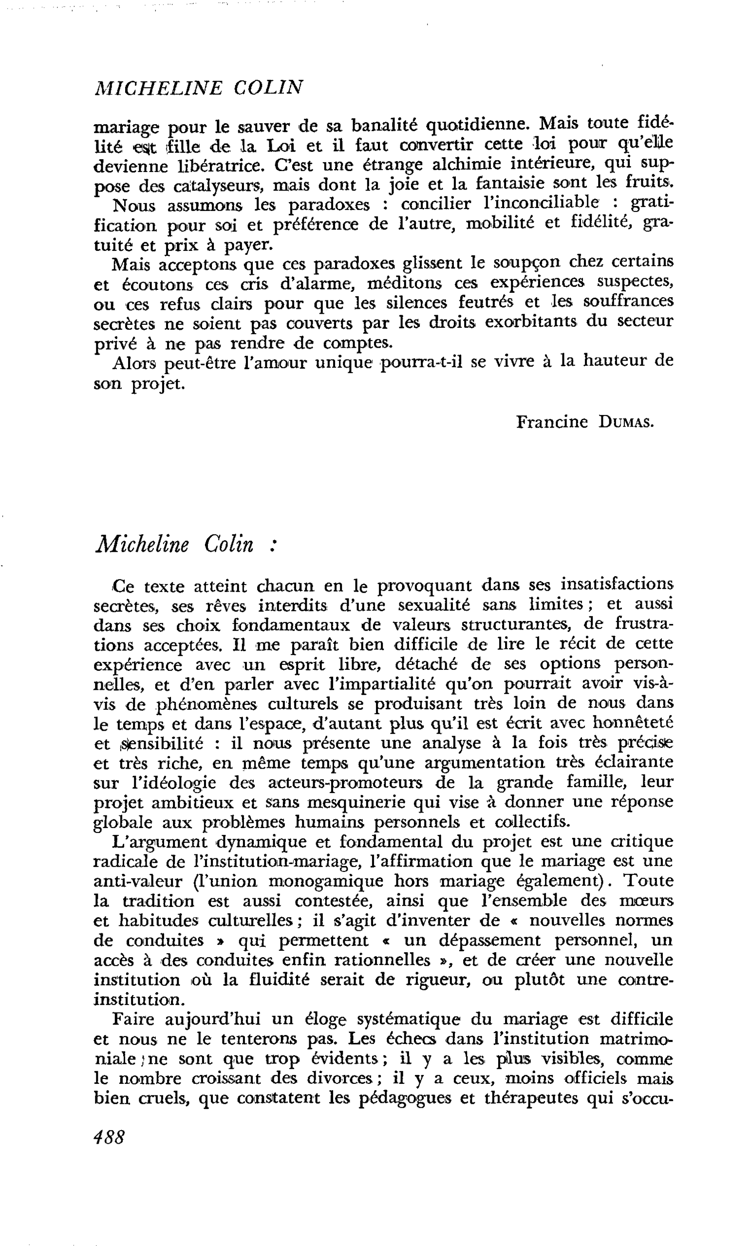 Commentaires : Micheline Colin