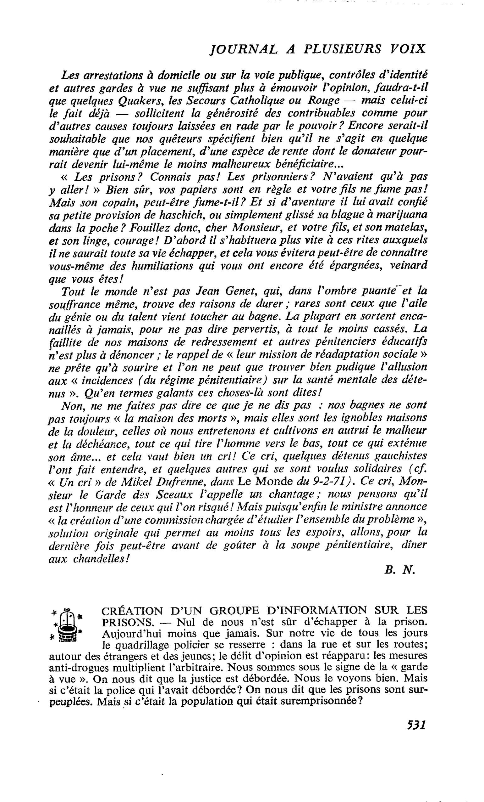CRÉATION D’UN GROUPE D’INFORMATION SUR LES PRISONS