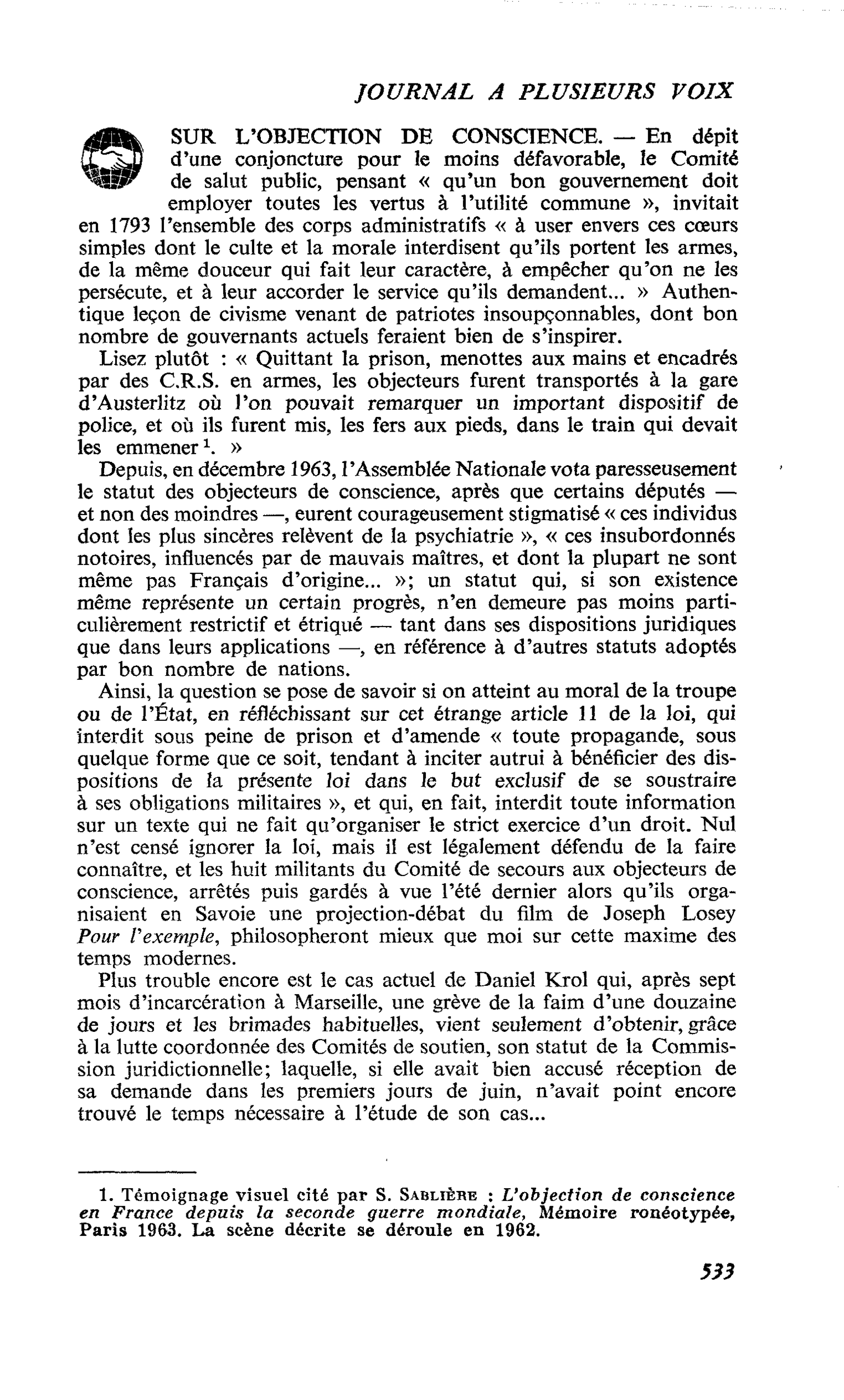SUR L’OBJECTION DE CONSCIENCE