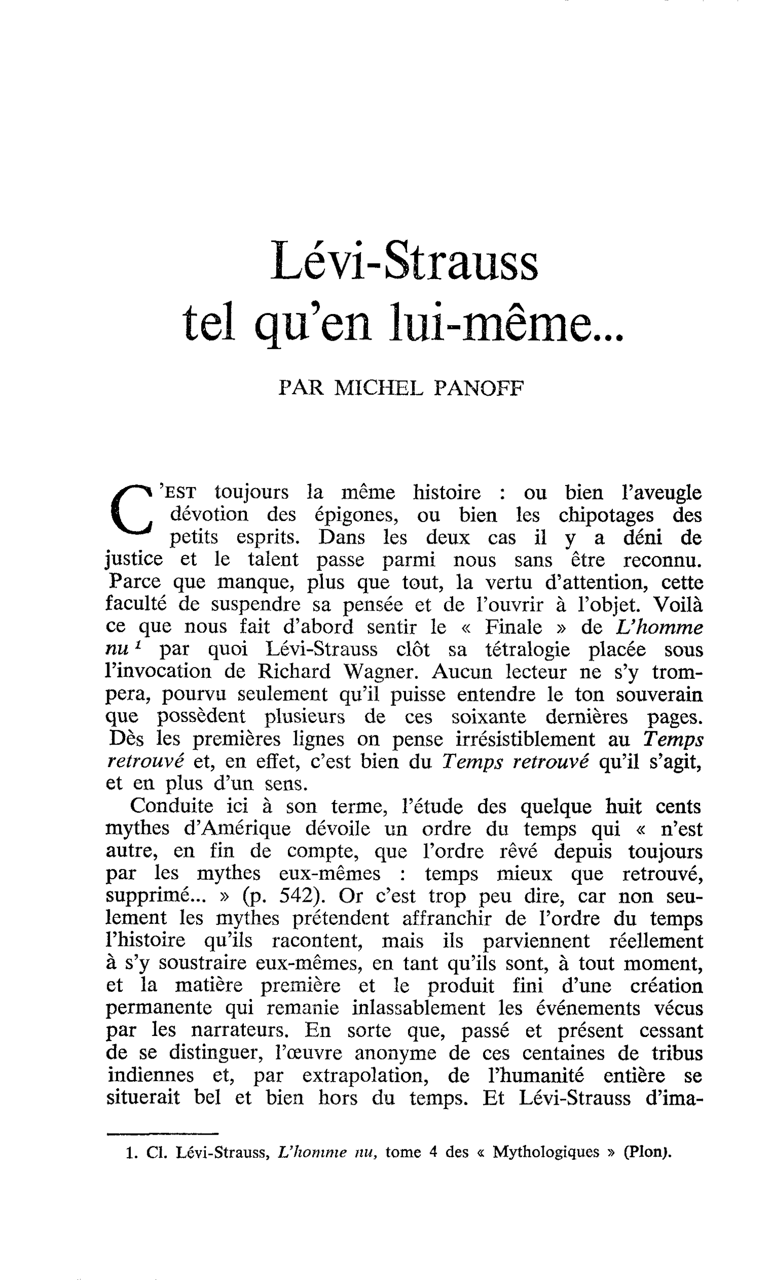 Lévi-Strauss tel qu’en lui-même…