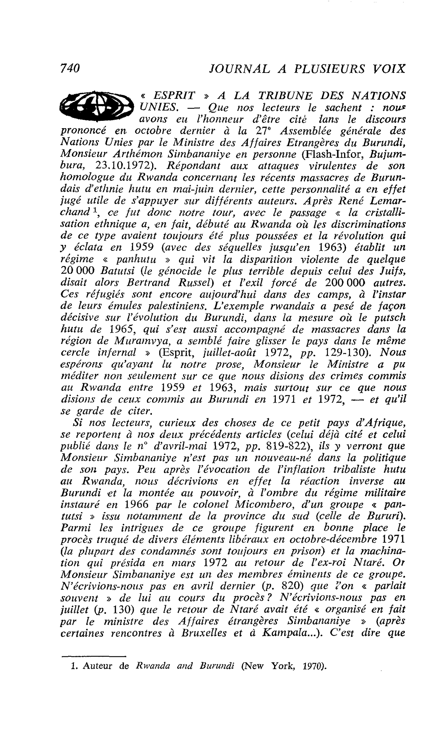 « ESPRIT » A LA TRIBUNE DES NATIONS UNIES