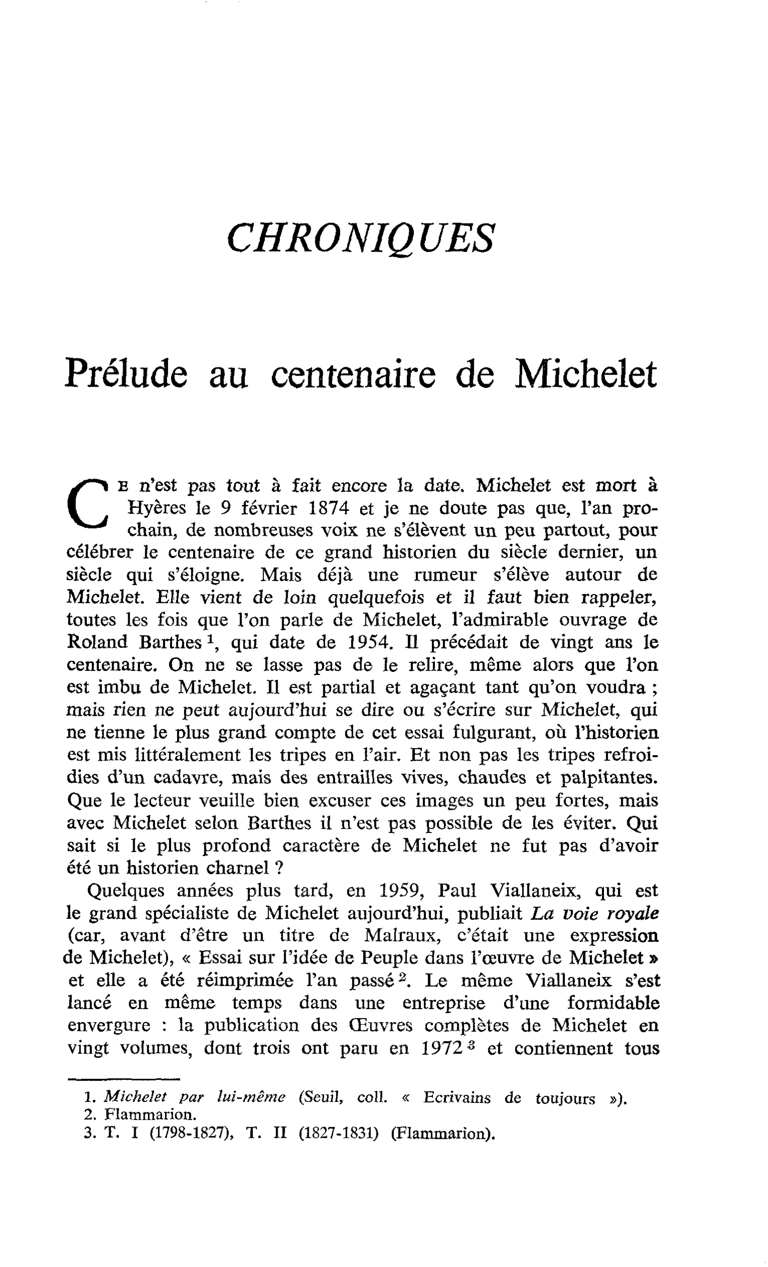 Prélude au centenaire de Michelet