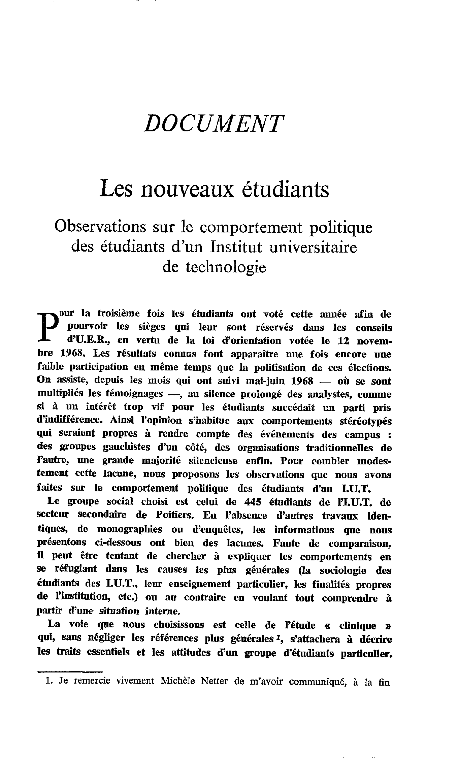 Les nouveaux étudiants. Observations sur le comportement politique des étudiants d’un Institut universitaire de technologie