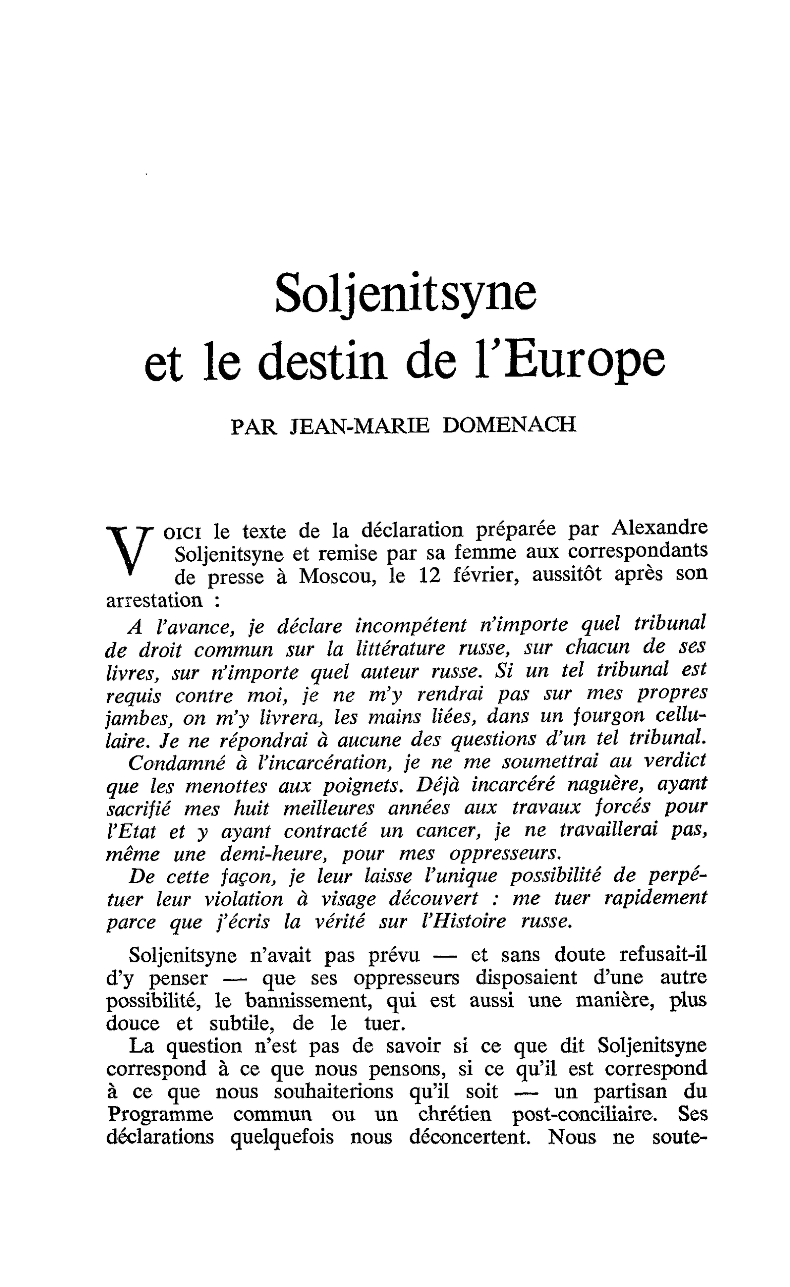 Soljénitsyne et le destin de l’Europe