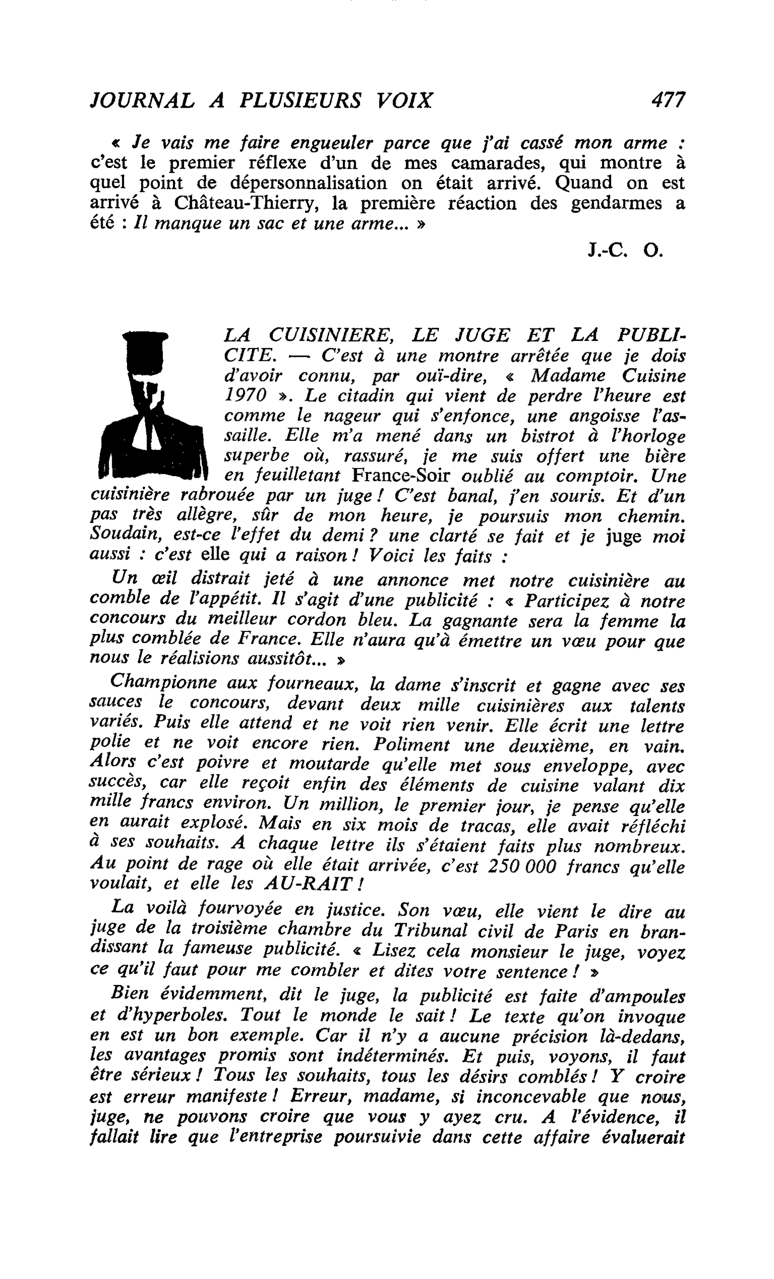LA CUISINIERE. LE JUGE ET LA PUBLICITE