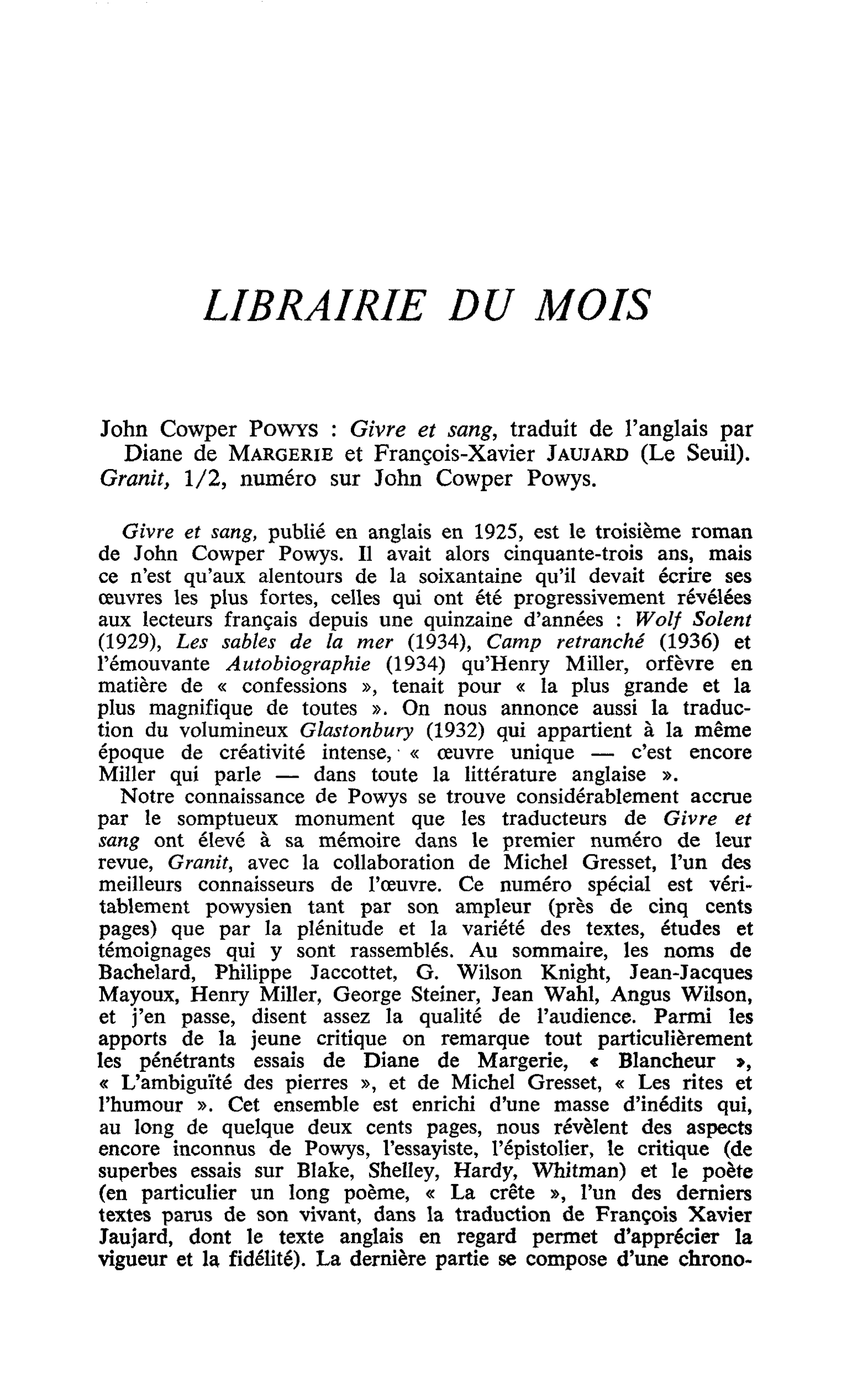 John Cowper Powys : Givre et sang. Granit, 1/2, numéro sur John Cowper Powys