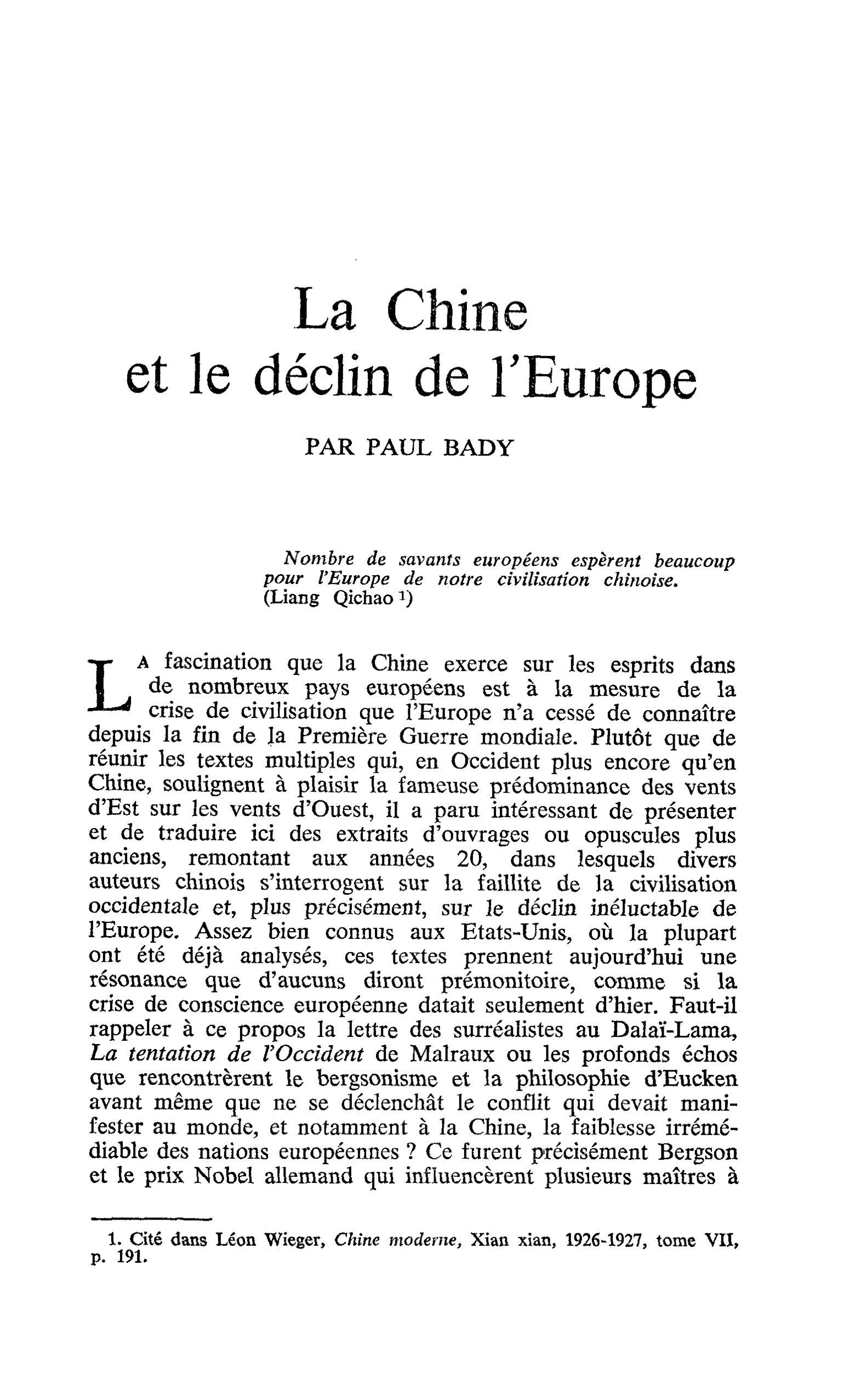 La Chine et le déclin de l’Europe