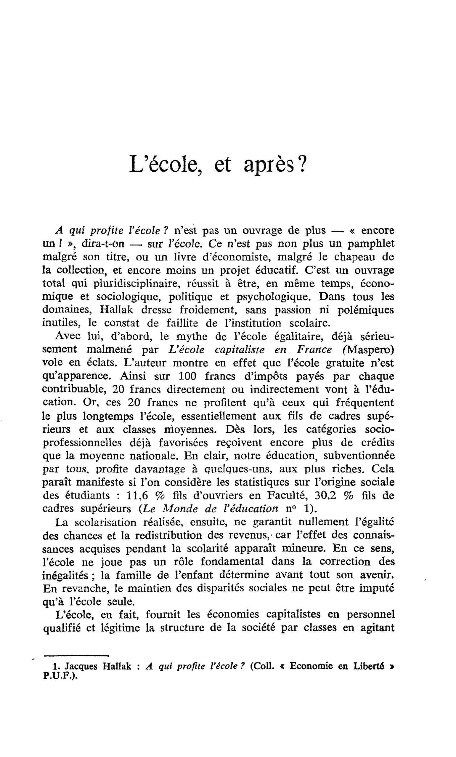L’école, et après ?
