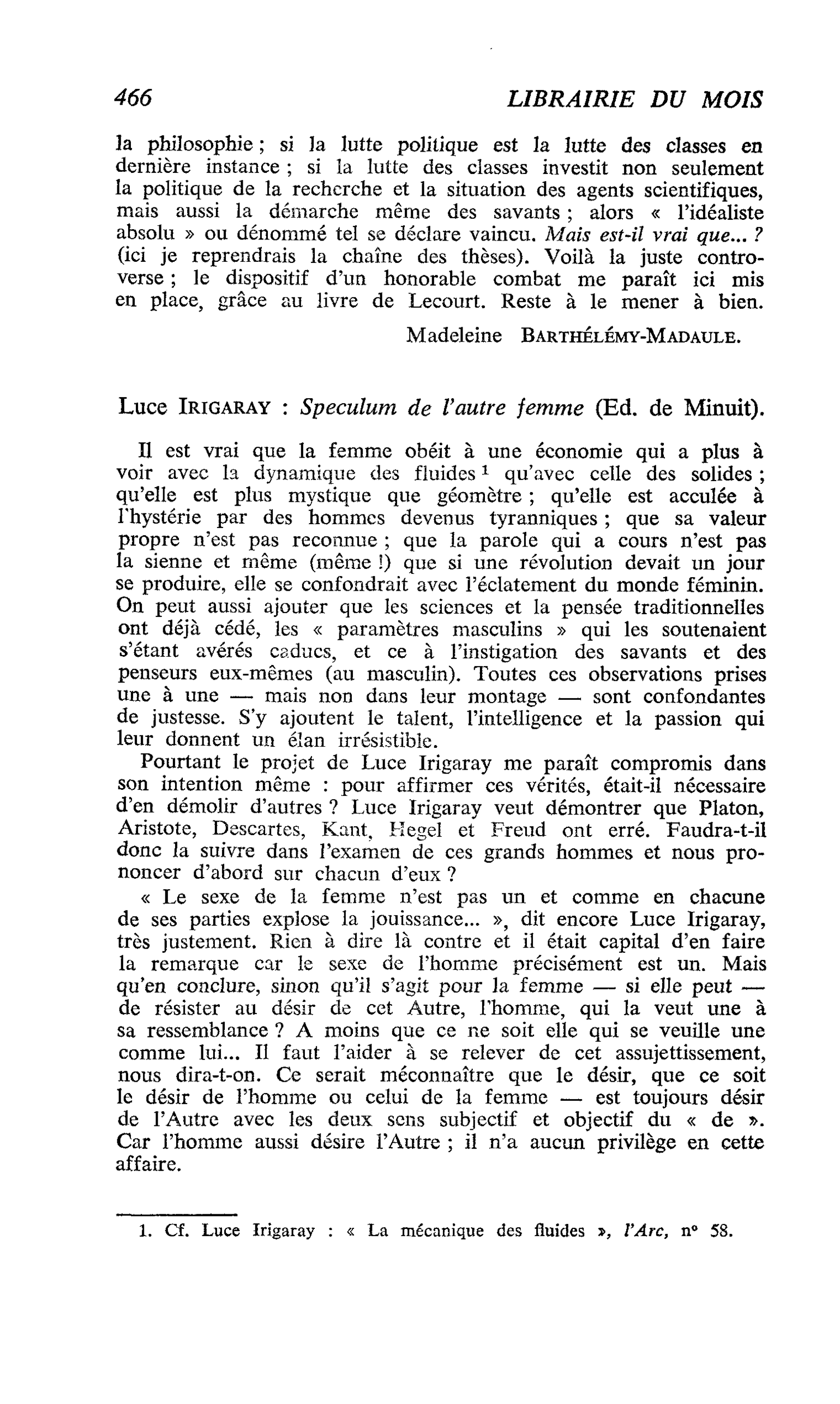 Luce Irigaray : Spéculum de l’autre femme